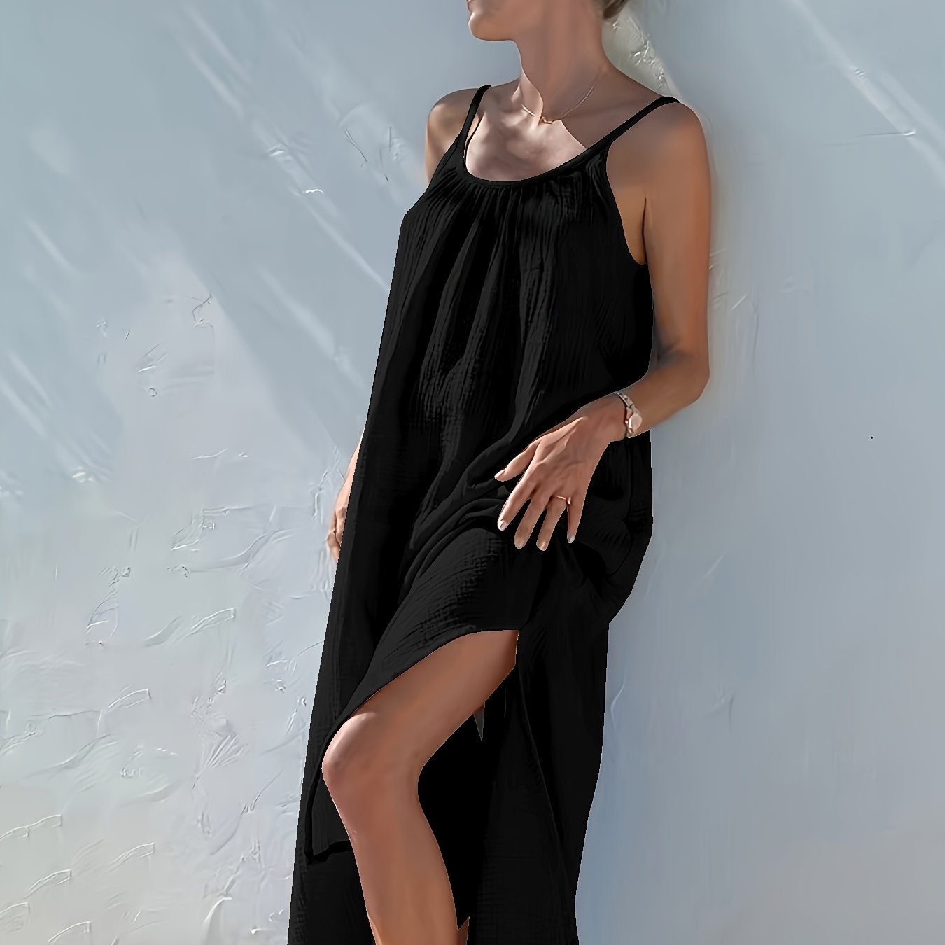 Robe d été sans manches avec plis sur le décolleté & fente latéral du S au 2XL