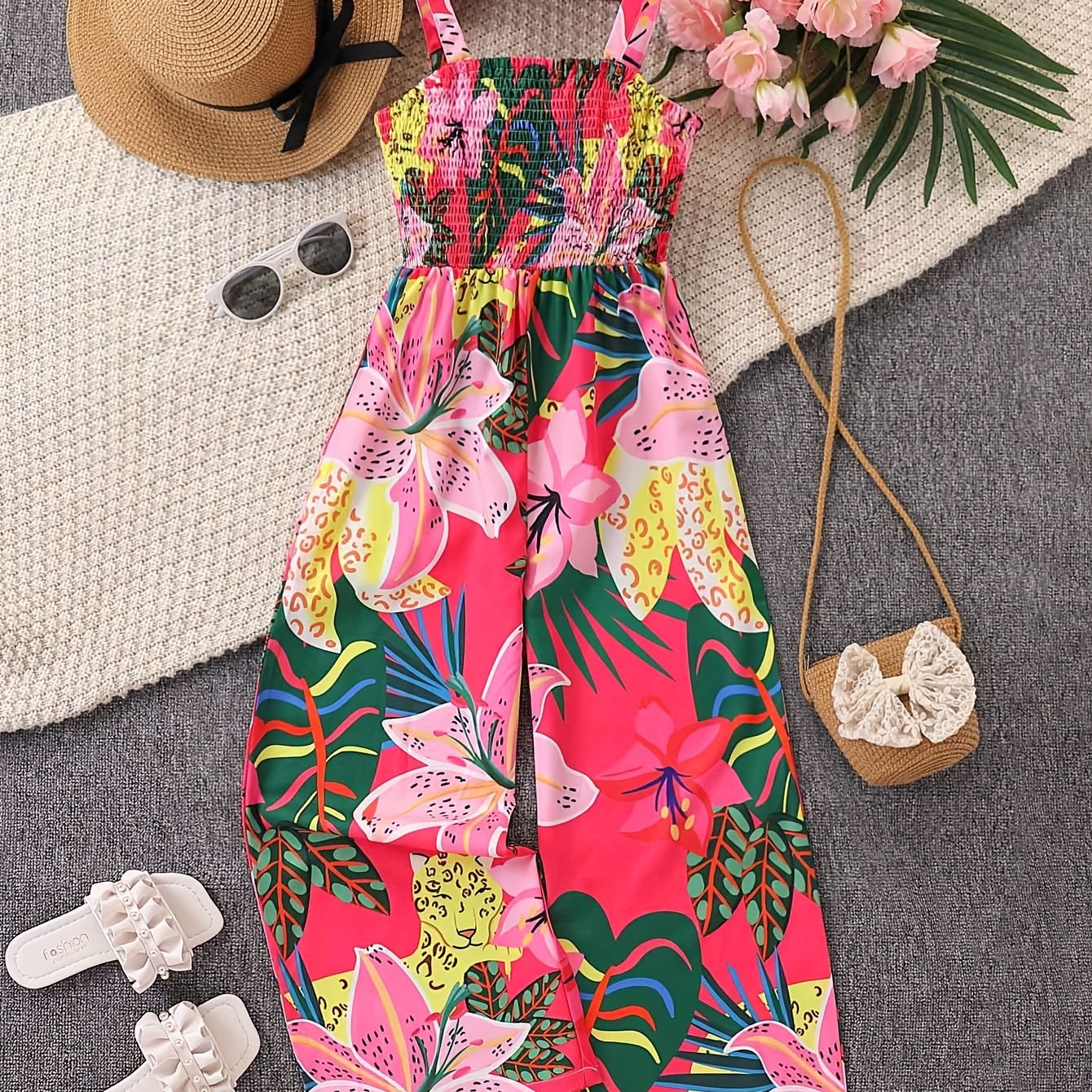 Combinaison élégante à imprimé floral avec taille froncée et design jambes larges du 7 au 16 ans