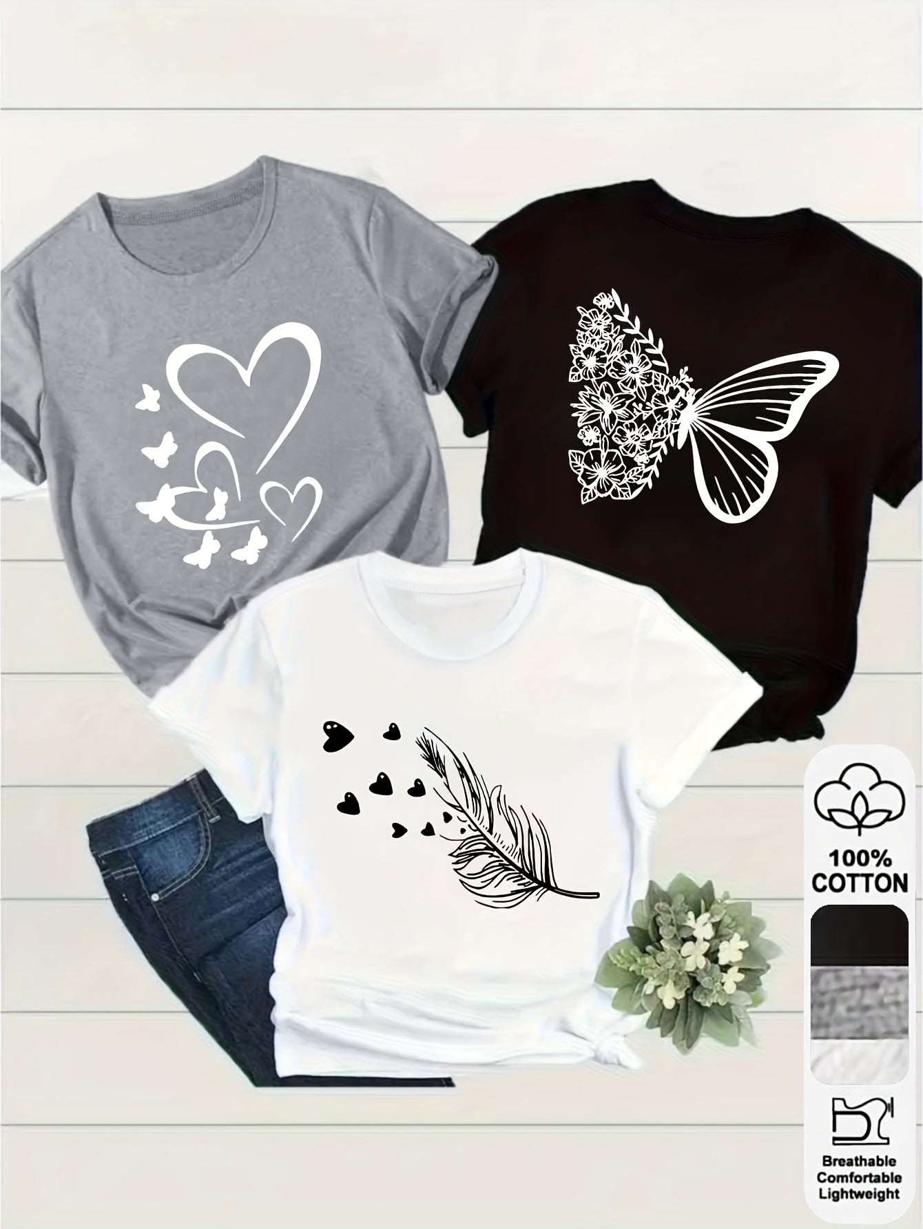 Lot de 3t-shirts à manches courtes 100% coton pour femme du S au 2XL