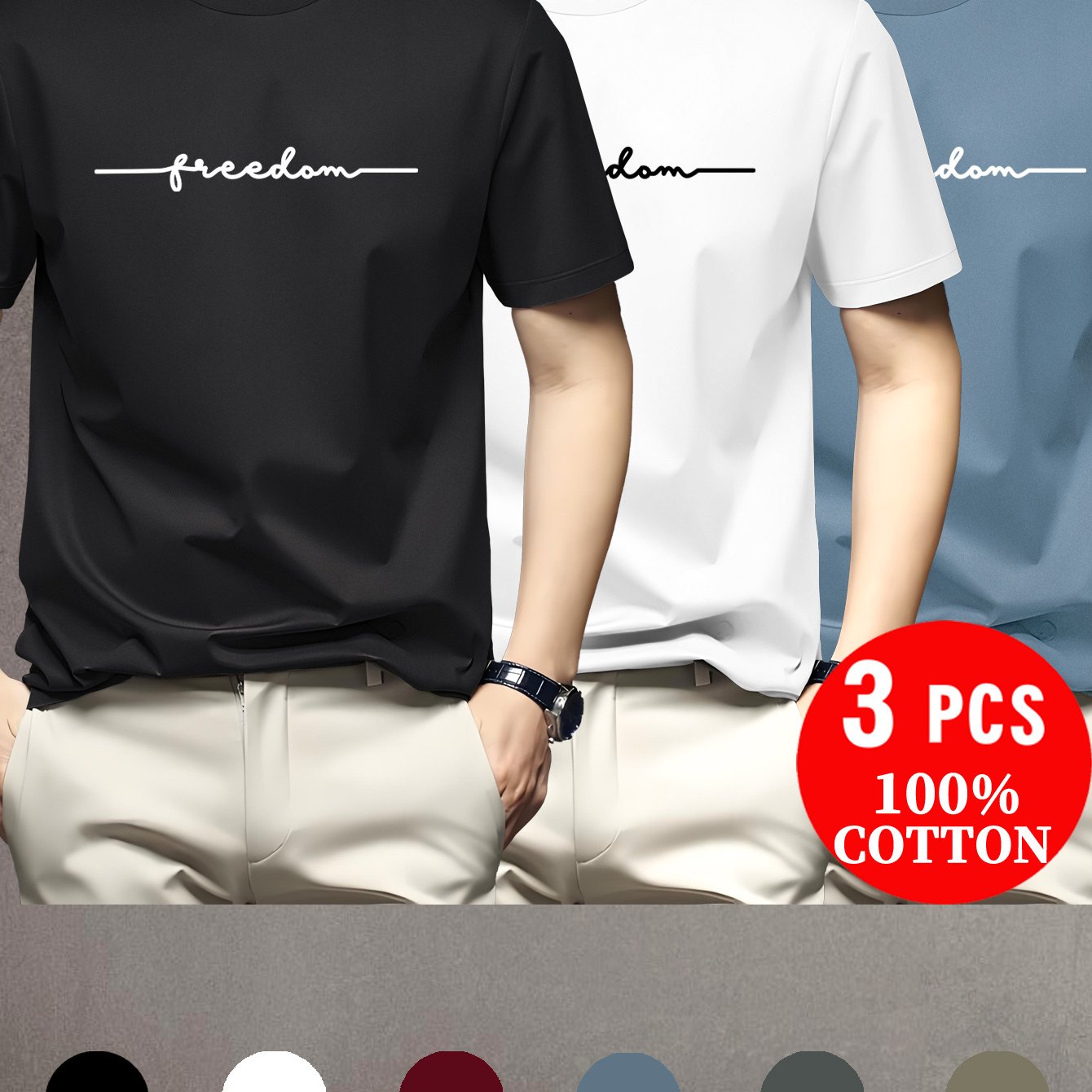 Lot de 3 t-shirts à manches courtes 100% coton du XXS au 3XL MAEJORKEN