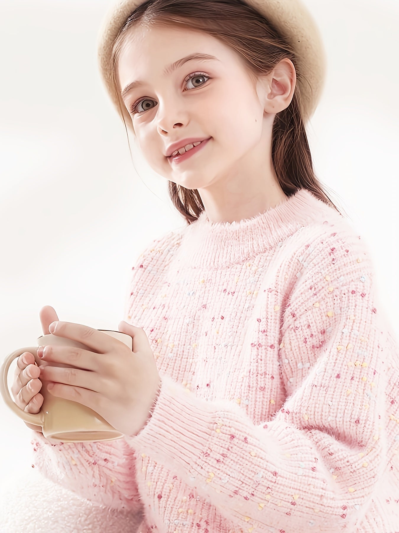 Kids' Cute Crew Neck Knit Sweater - Acrylic Blend (43.5% Acrylic, 34.5% Polyester, 22% Polyamide) - Fall/Winter Long Sleeve Pullover with Regular Fit and Medium Stretch - Solid Color with Floral Accents, Thick MAEJORKEN