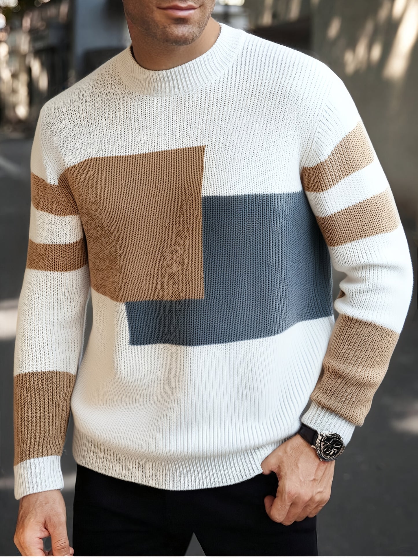 Pull à bloc de couleurs beige/bleu/gris à col rond du S au 2XL