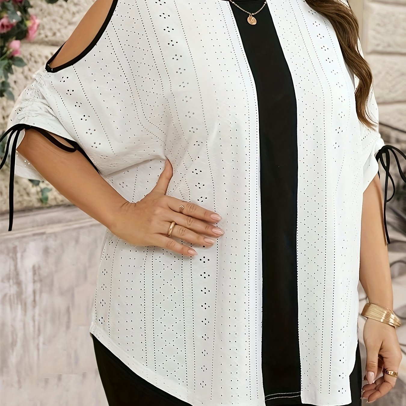 Plus Size - Women'S Plus Size Elegant White Blouse with Black Drawstring Sleeves - Round Neck, Stretchy Polyester-Spandex Blend, All-Season Versatile Top for Casual or Formal Wear, Versatile Fashion | Round Neck Blouse | Medi MAEJORKEN