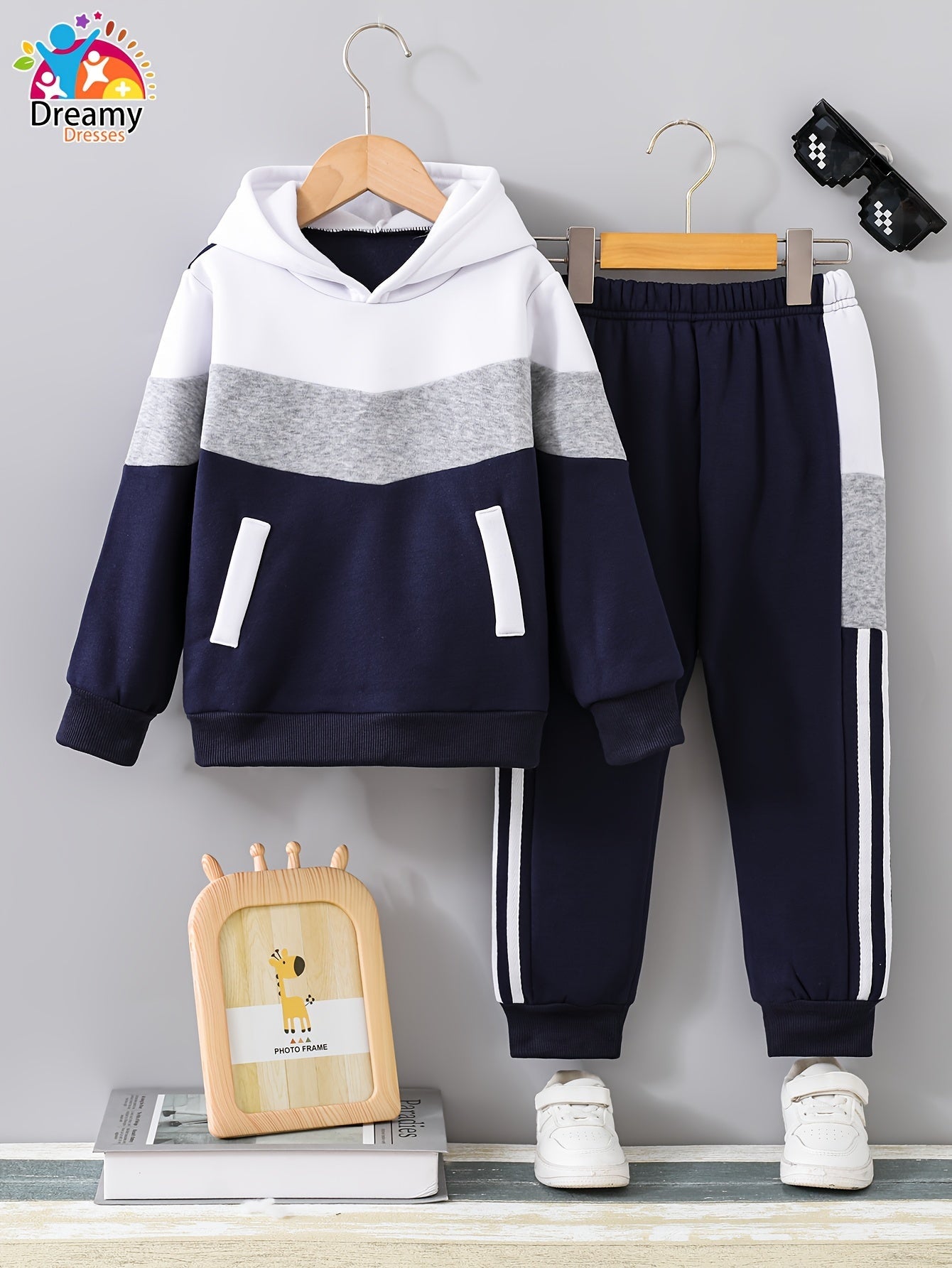 Boys' Dreamy Dresses Fall/Winter Fashion Set - Color Block Hoodie & Casual Pants in White, Gray, Navy - Polyester, Long Sleeve, Non-Stretch Fabric, Winter Youngsters's Clothing|Casual Pants Set|Easy Care Material, Perfect for MAEJORKEN