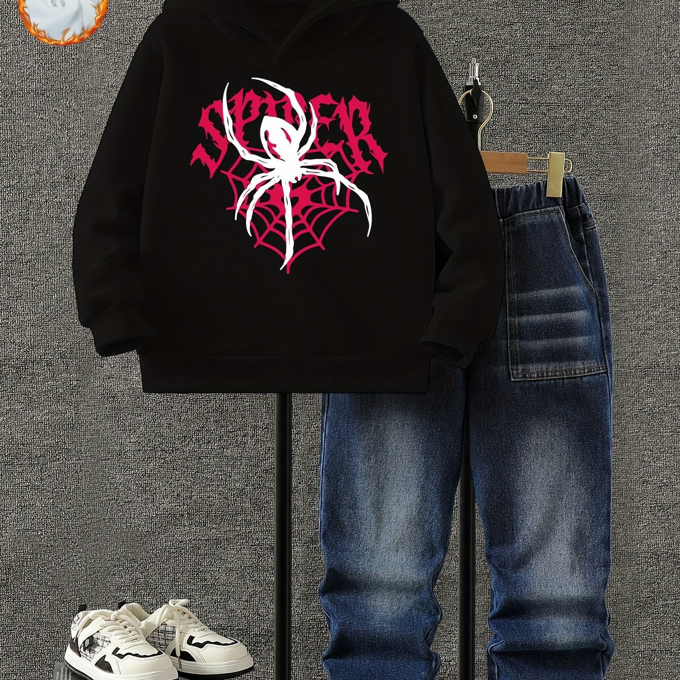 Boys' Autumn and Winter Fleece Set, Hoodie + Jeans Combo with Spider Print and "SPIDER" Design, Thickened Fleece, Suitable for Autumn and Winter Seasons, Trendy Street Style, Comfortable Warm and Cool, Perfect for Daily Wear, MAEJORKEN