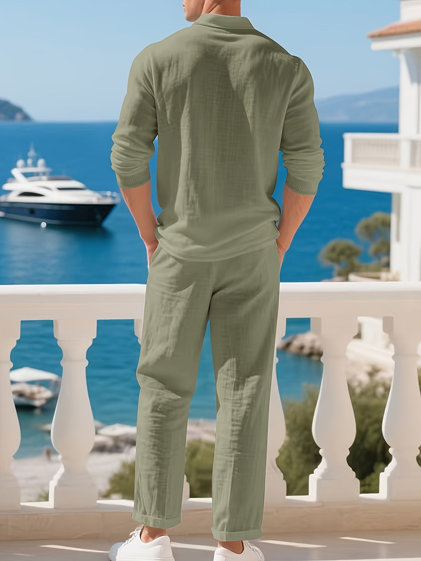 Ensemble pantalon large et polo à manches longues en lin du S au 3XL MAEJORKEN