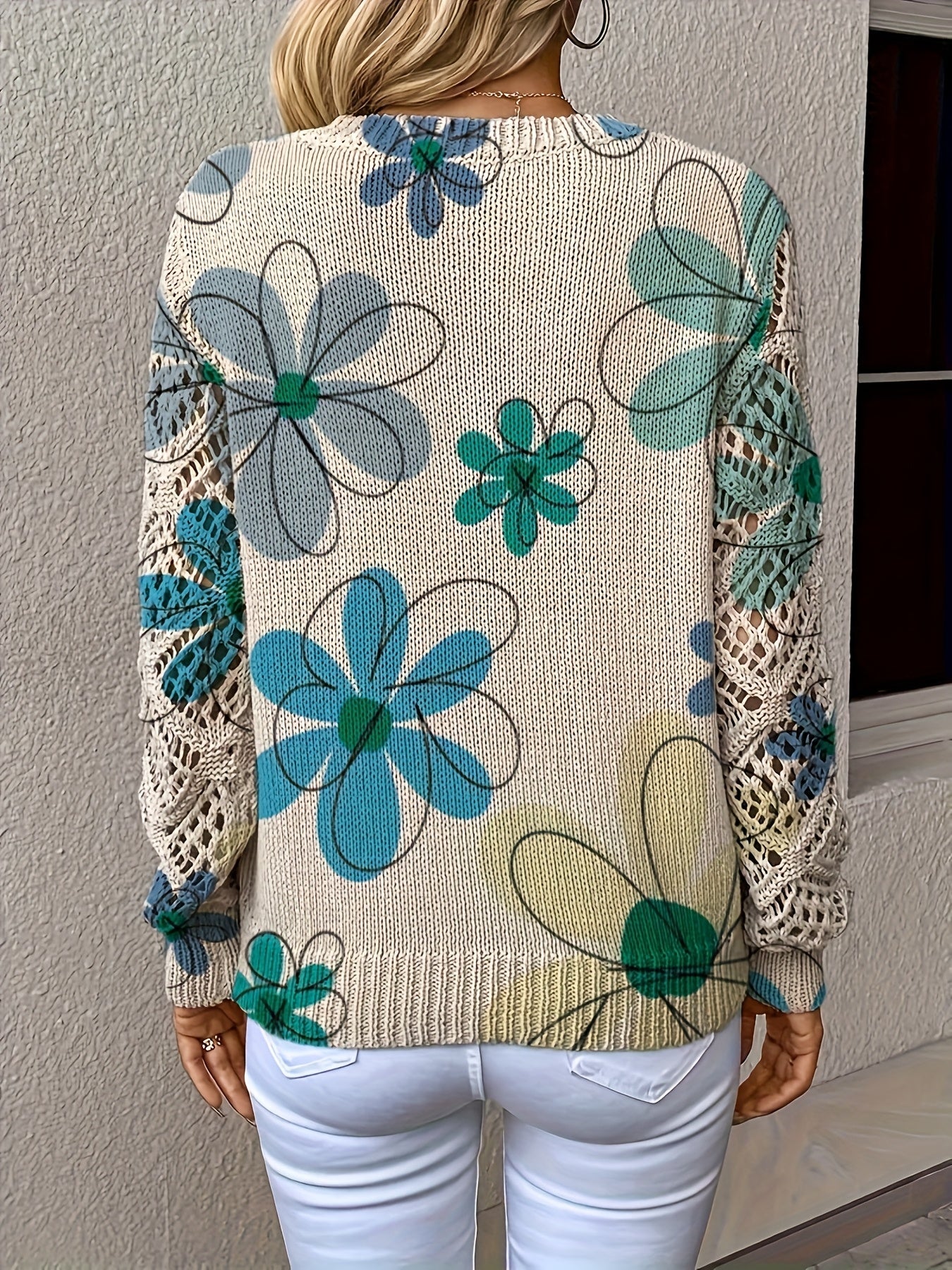 Elegant Bohemian Floral Print V-Neck Long Sleeve Top for Women - Versatile All-Season Pullover with Blue & Green Floral Design, Perfect for Office, Streetwear, Home, and Travel, Allseason Pullover | Bohemian Style | Digital P MAEJORKEN
