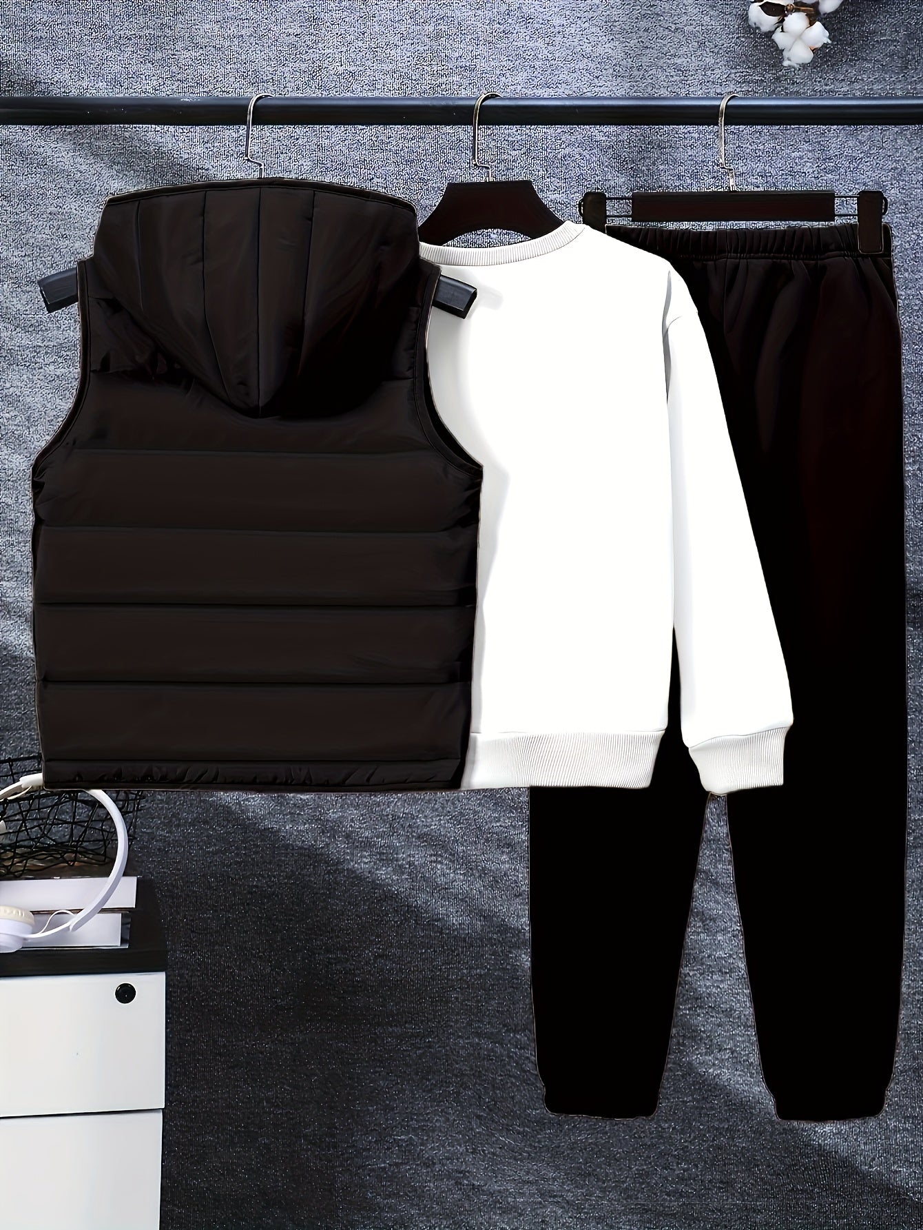 Boys' Autumn and Winter Black and Cartoon Football Set - 8-12Y Warm 3pcs Outfit (Fleece Vest + Sweatshirt + Pants), for Outdoor MAEJORKEN