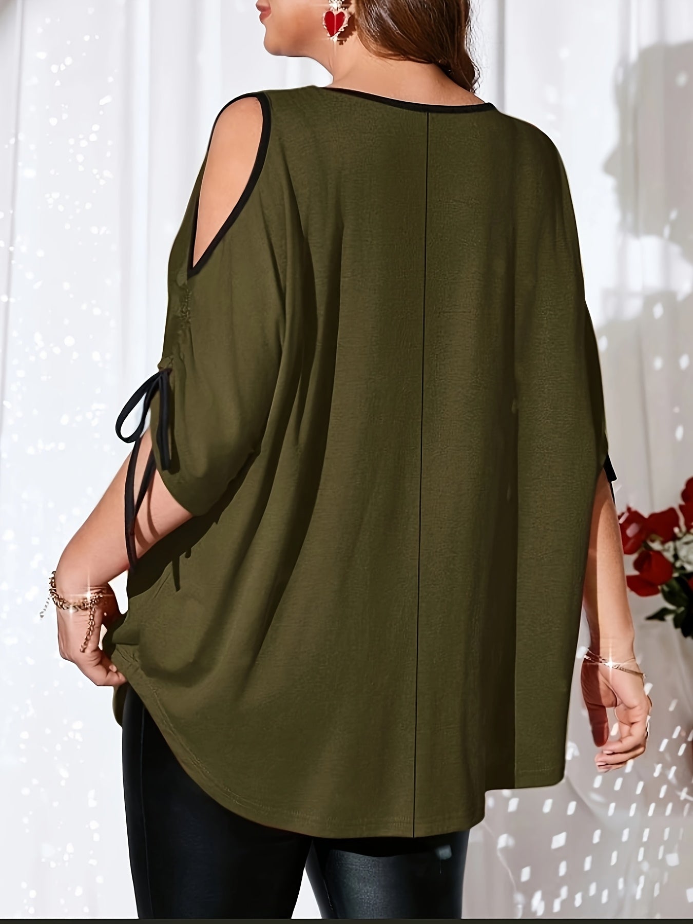 Plus Size - Women'S Plus Size Elegant White Blouse with Black Drawstring Sleeves - Round Neck, Stretchy Polyester-Spandex Blend, All-Season Versatile Top for Casual or Formal Wear, Versatile Fashion | Round Neck Blouse | Medi MAEJORKEN