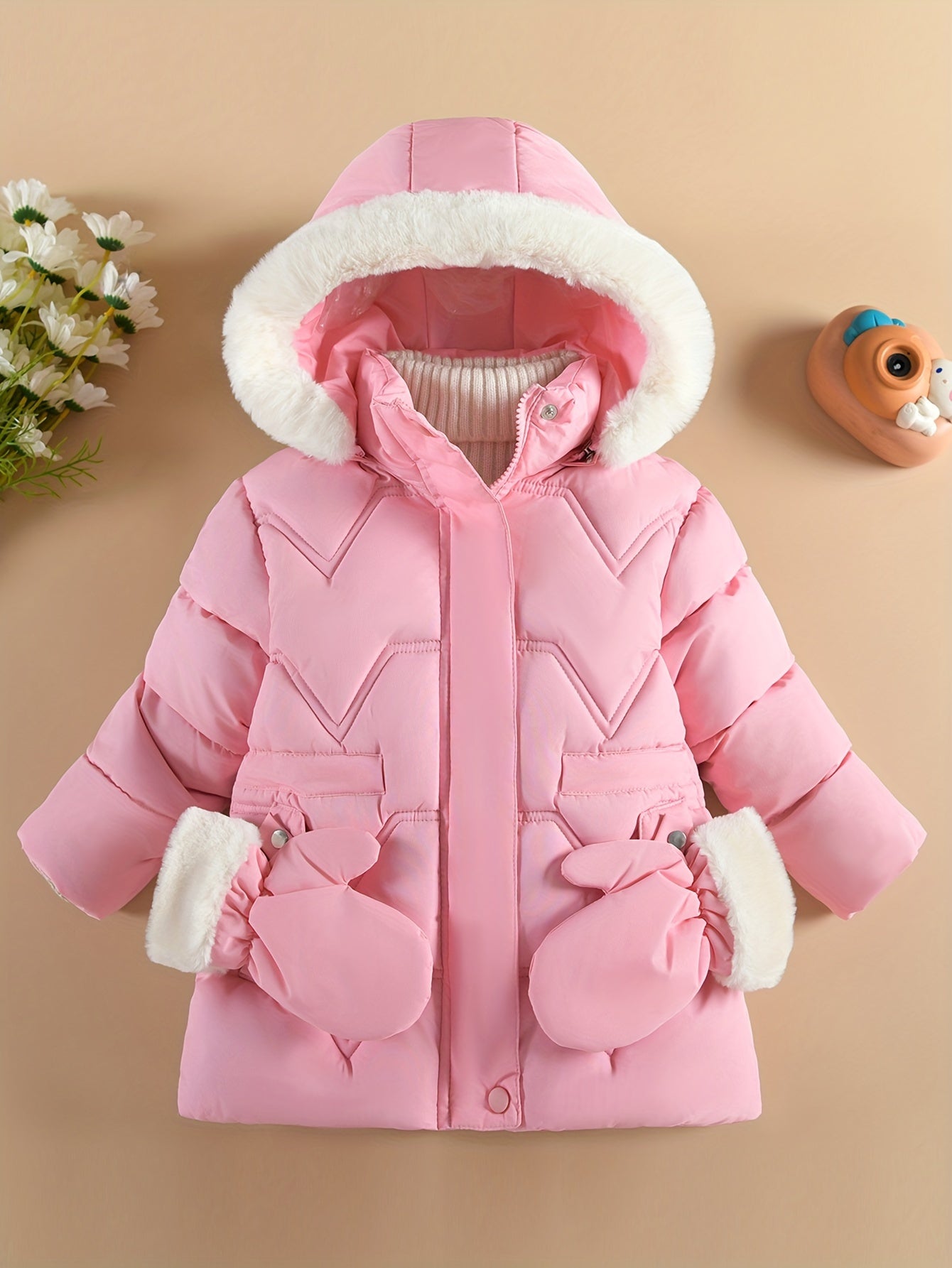 Doudoune à capuche couleur unie avec gant pour filles de 1 ans à 10 ans MAEJORKEN