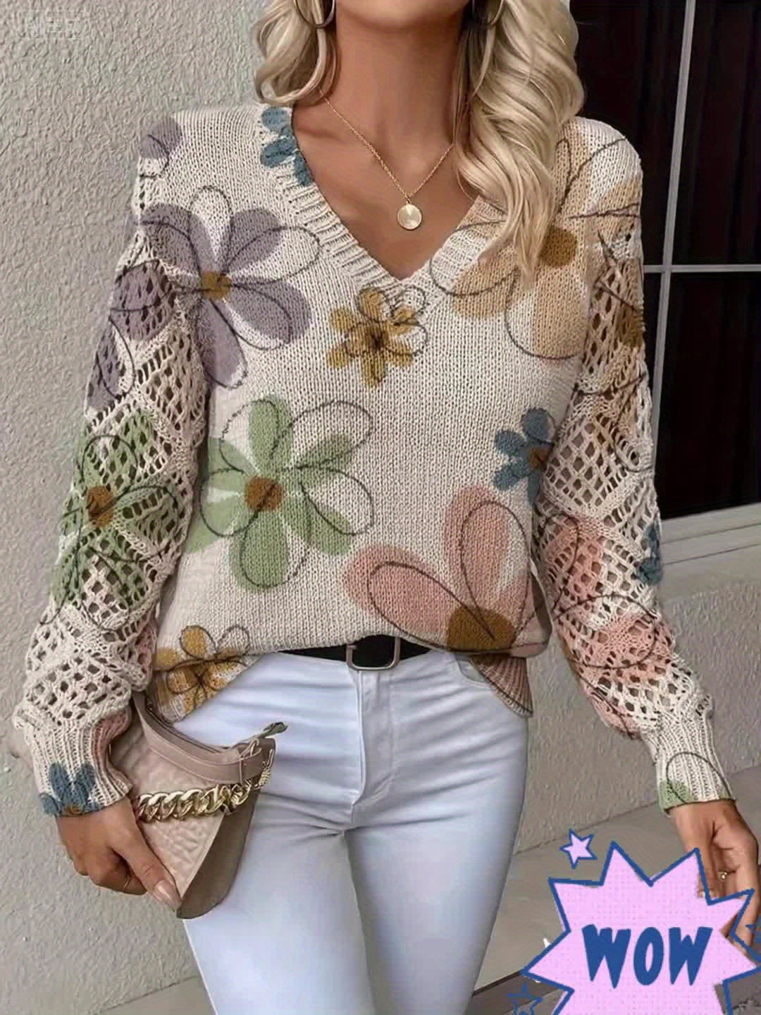 Elegant Bohemian Floral Print V-Neck Long Sleeve Top for Women - Versatile All-Season Pullover with Blue & Green Floral Design, Perfect for Office, Streetwear, Home, and Travel, Allseason Pullover | Bohemian Style | Digital P MAEJORKEN