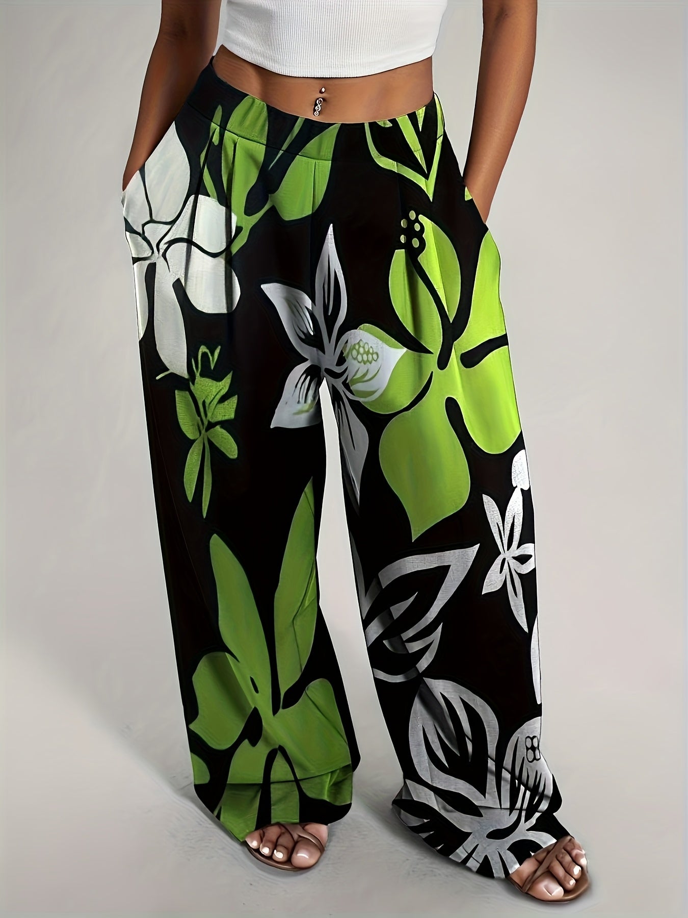 Pantalon large taille haute à imprimé tropical bohème du S au 2XL