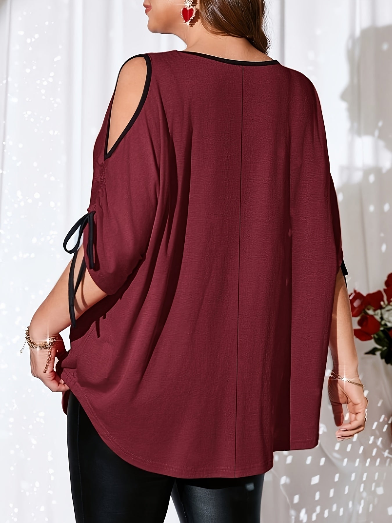 Plus Size - Women'S Plus Size Elegant White Blouse with Black Drawstring Sleeves - Round Neck, Stretchy Polyester-Spandex Blend, All-Season Versatile Top for Casual or Formal Wear, Versatile Fashion | Round Neck Blouse | Medi MAEJORKEN