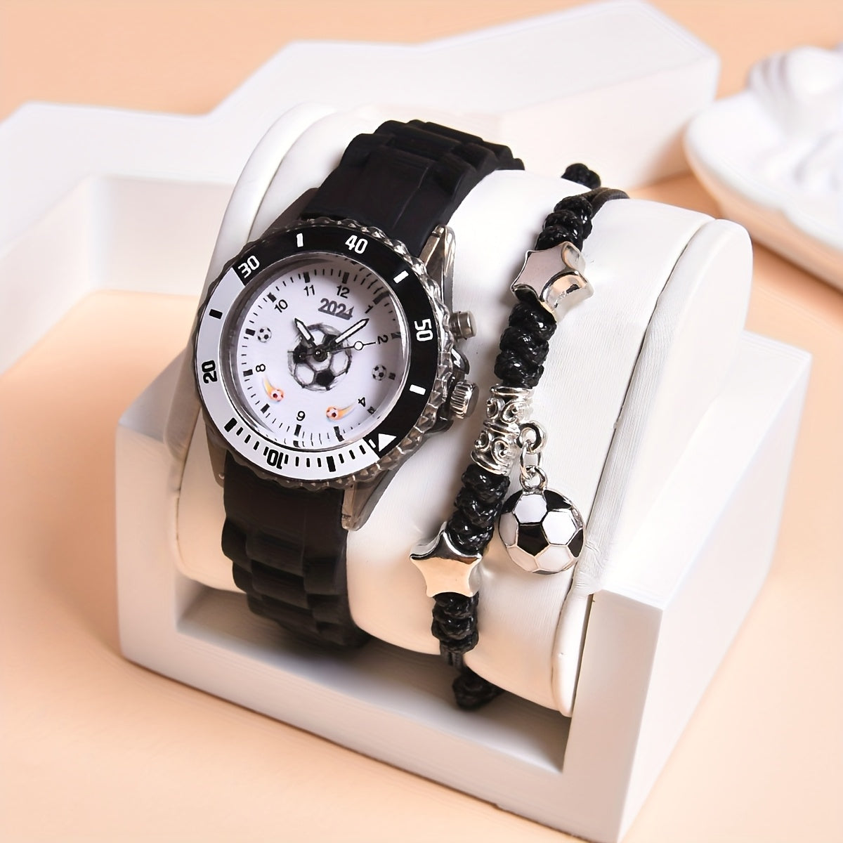 2024 New Double Movement LED Luminous Watch for Boys Football Sports Watch Adjustable Braided Rope Bracelet Set 2pcs MAEJORKEN