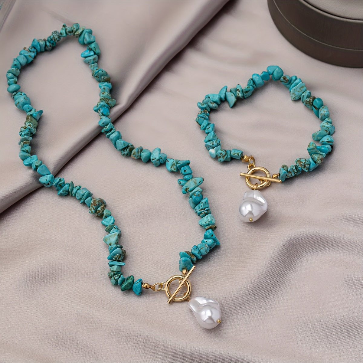 Ensemble de bijoux en perles turquoises et perles baroques collier + bracelet (coffret non inclus ) MAEJORKEN