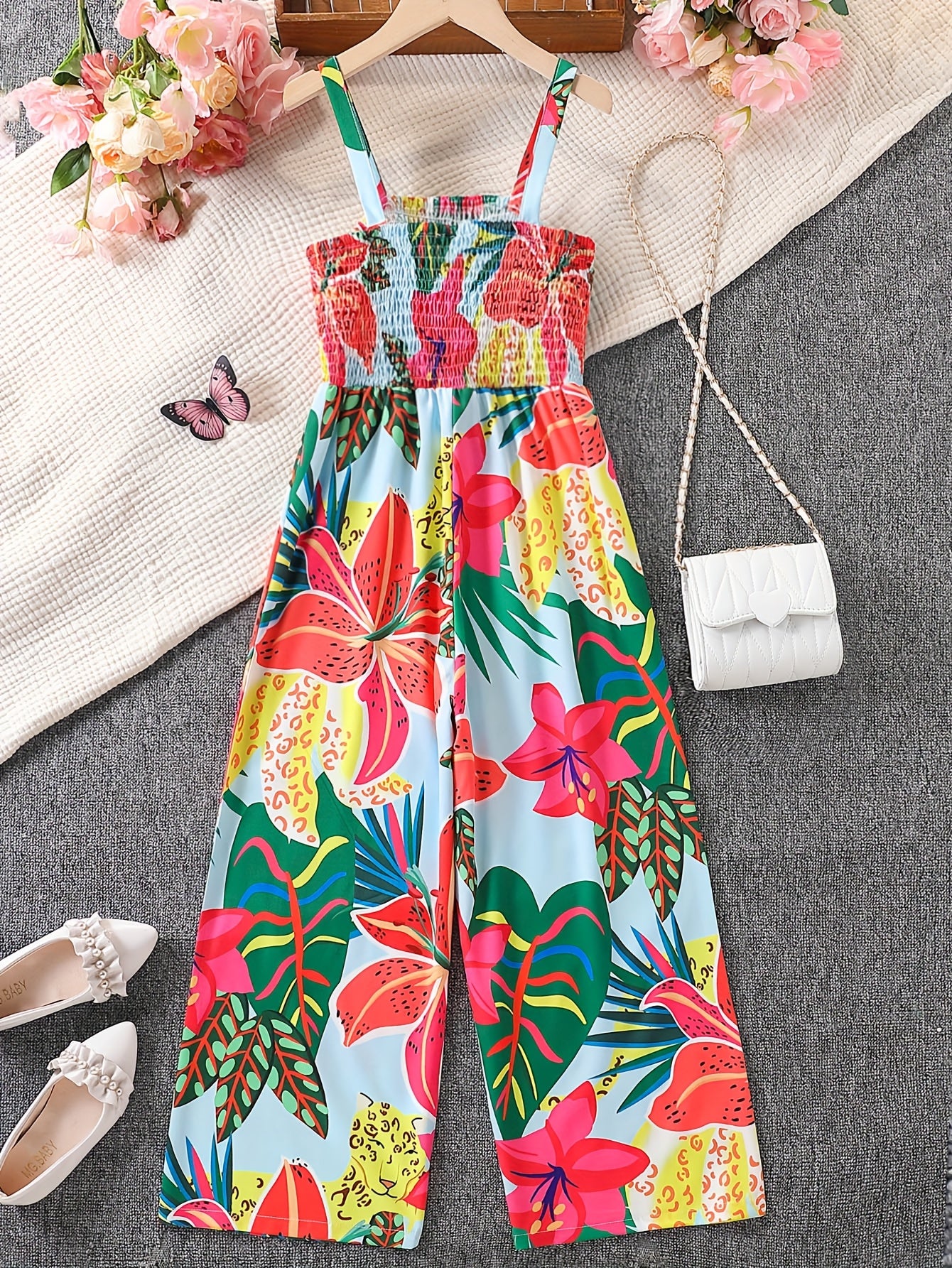 Combinaison élégante à imprimé floral avec taille froncée et design jambes larges du 7 au 16 ans