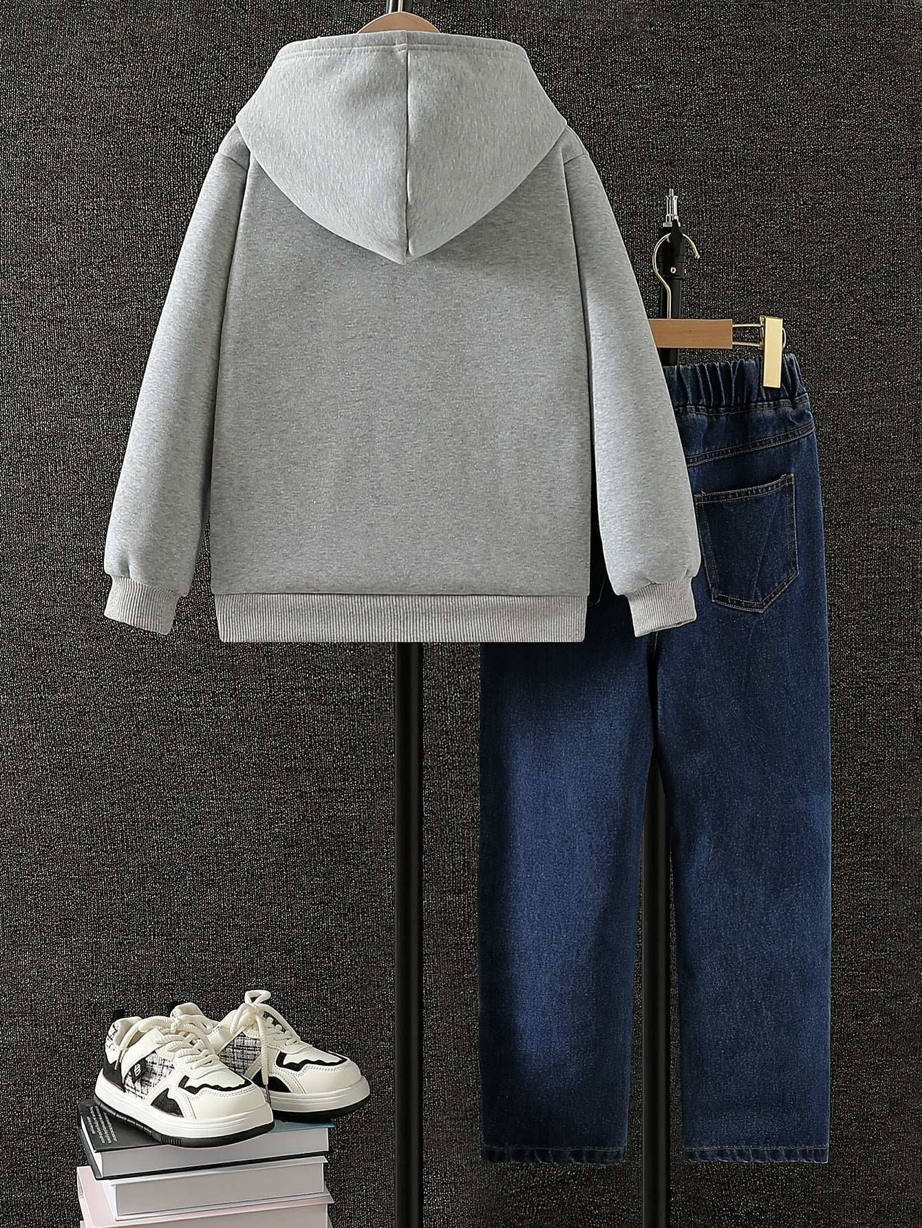 2025 New Boys' Fleece-Lined Hoodie Set - Autumn/Winter Thickened Style, SHORT FILM Letter Print Round Neck Top + Faux Denim Two-Piece Outfit for Ages 8-13, Trendy Kids' Clothing, Hand Washable & Easy Care, Warm Wear for Schoo MAEJORKEN