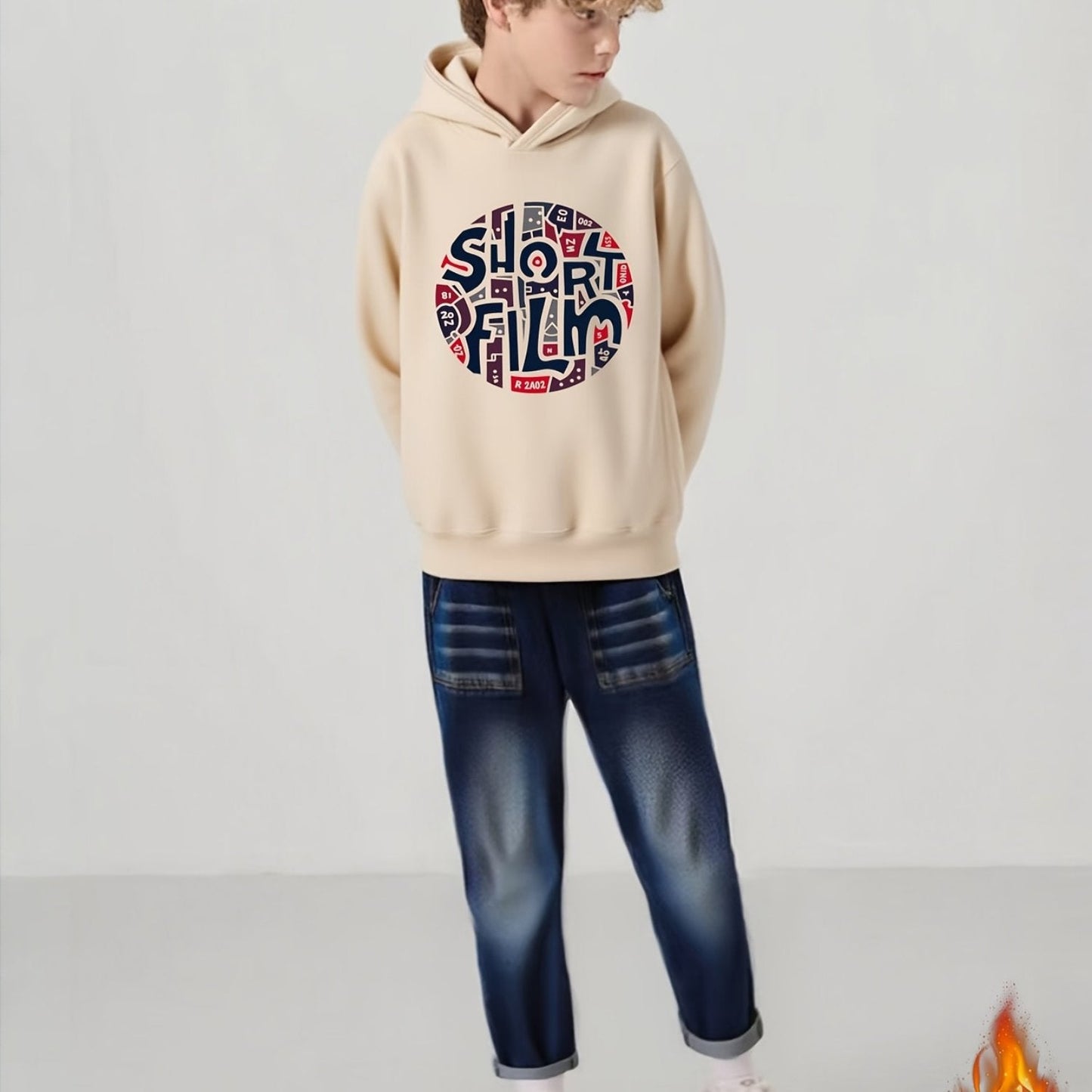 2025 New Boys' Fleece-Lined Hoodie Set - Autumn/Winter Thickened Style, SHORT FILM Letter Print Round Neck Top + Faux Denim Two-Piece Outfit for Ages 8-13, Trendy Kids' Clothing, Hand Washable & Easy Care, Warm Wear for Schoo MAEJORKEN