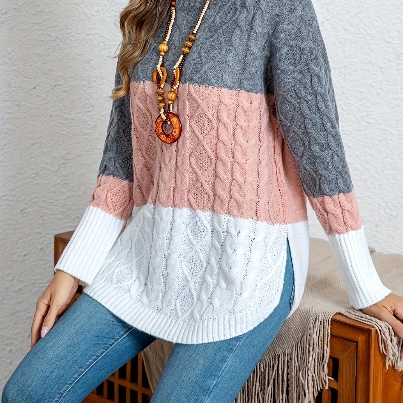 Pull en tricot torsadé à bloc de couleur du XL au 5XL