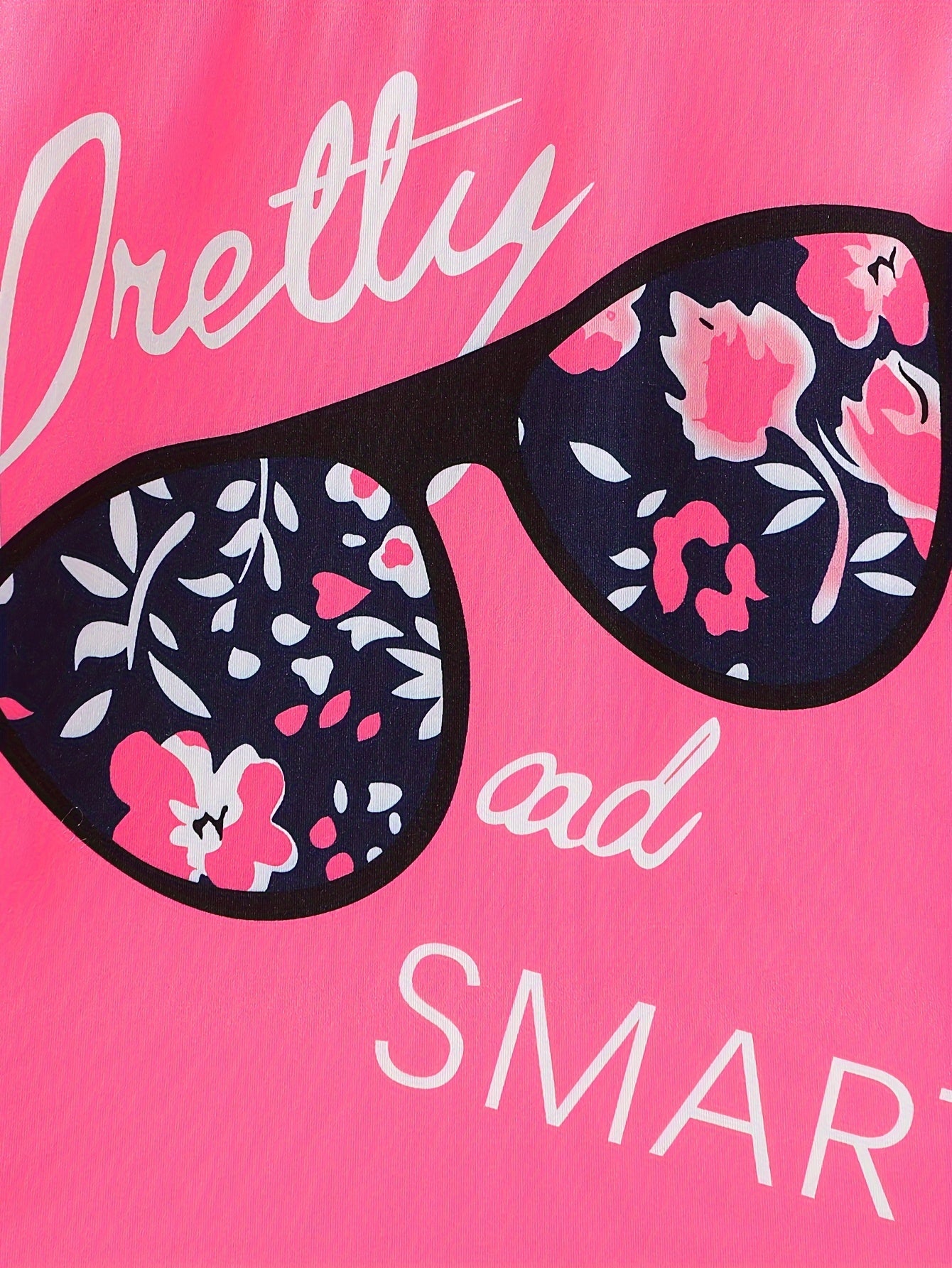 Ensemble de 2 pièces pour filles avec impression de grandes lunettes et motif de citation, t-shirt loose à épaules dénudées avec design asymétrique + leggins courts à imprimé floral du 4 au 8 ans