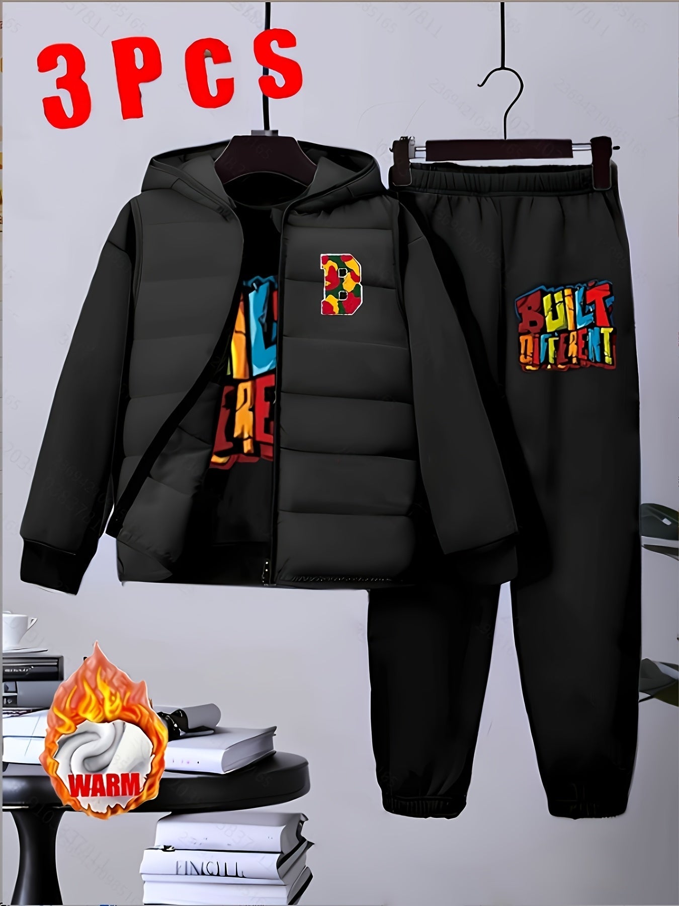 Boys' Autumn and Winter Black and Cartoon Football Set - 8-12Y Warm 3pcs Outfit (Fleece Vest + Sweatshirt + Pants), for Outdoor MAEJORKEN