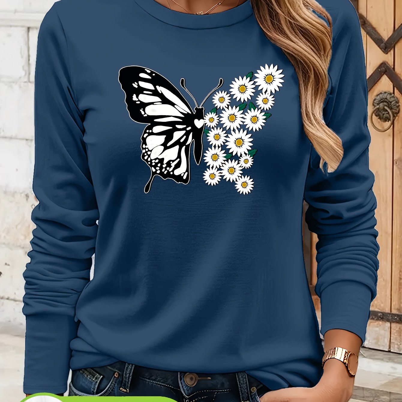 Pull à manches longues femme 100% coton imprimé papillon du S au 2XL
