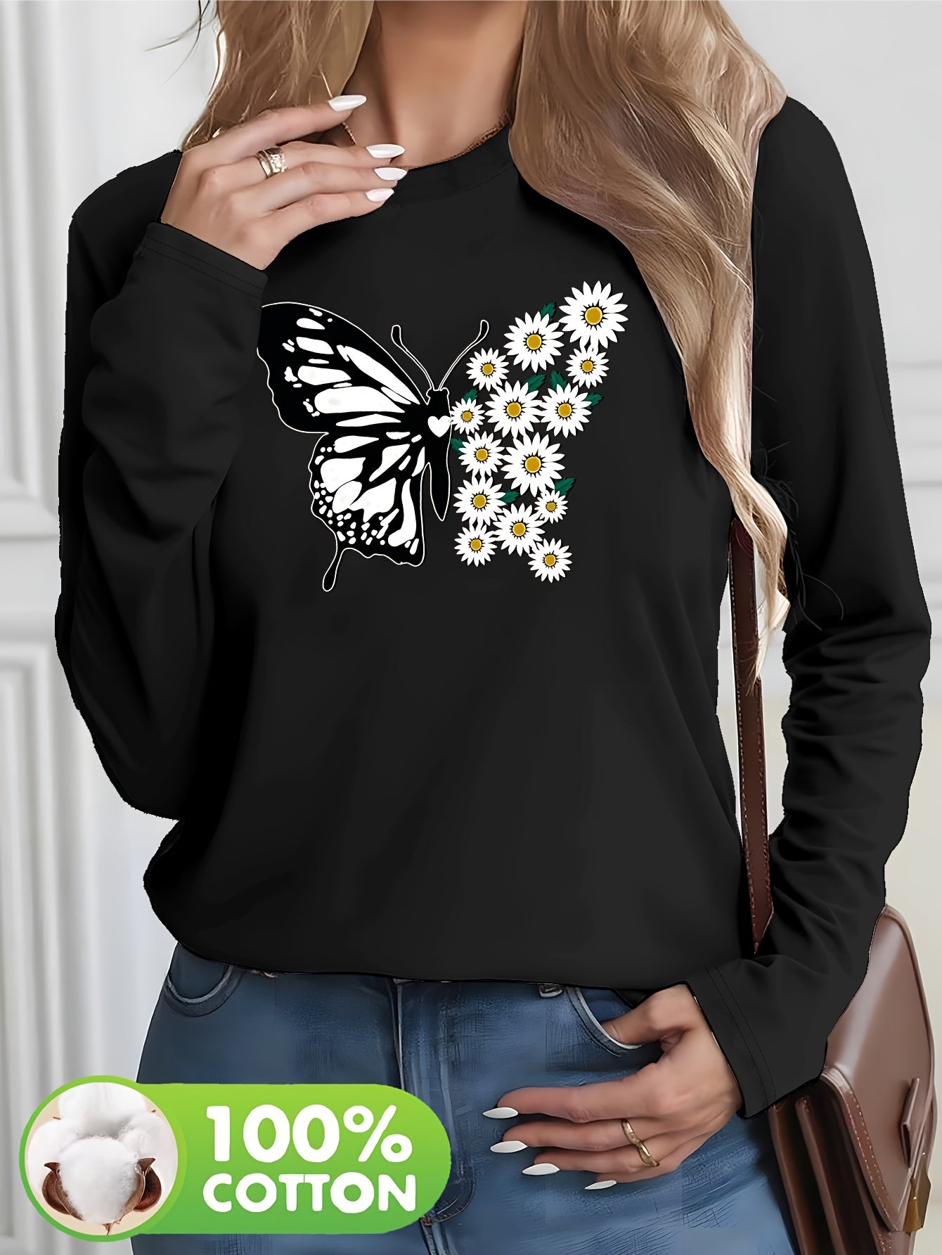 Pull à manches longues femme 100% coton imprimé papillon du S au 2XL