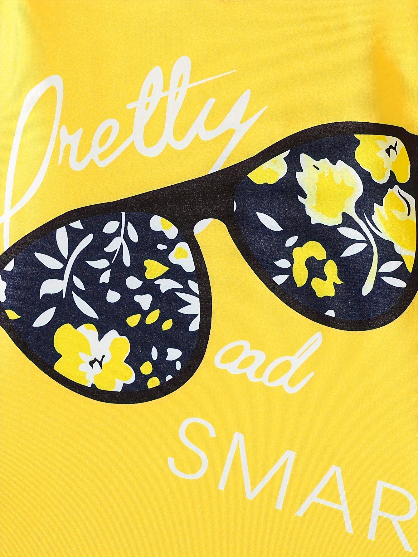 Ensemble de 2 pièces pour filles avec impression de grandes lunettes et motif de citation, t-shirt loose à épaules dénudées avec design asymétrique + leggins courts à imprimé floral du 4 au 8 ans