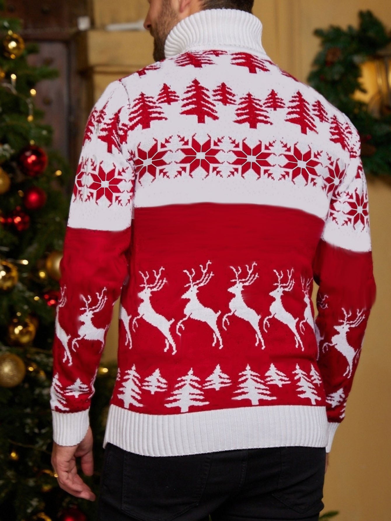 Men's Red & White Christmas Sweater with Reindeer & Snowflake Patterns - Collar Winter Knit Sweater Coat for Holiday Parties, Casual Outfits, Christmas Sweater For Men, Christmas Sweaters For Men, Christmas Jumper For Men, Ch MAEJORKEN