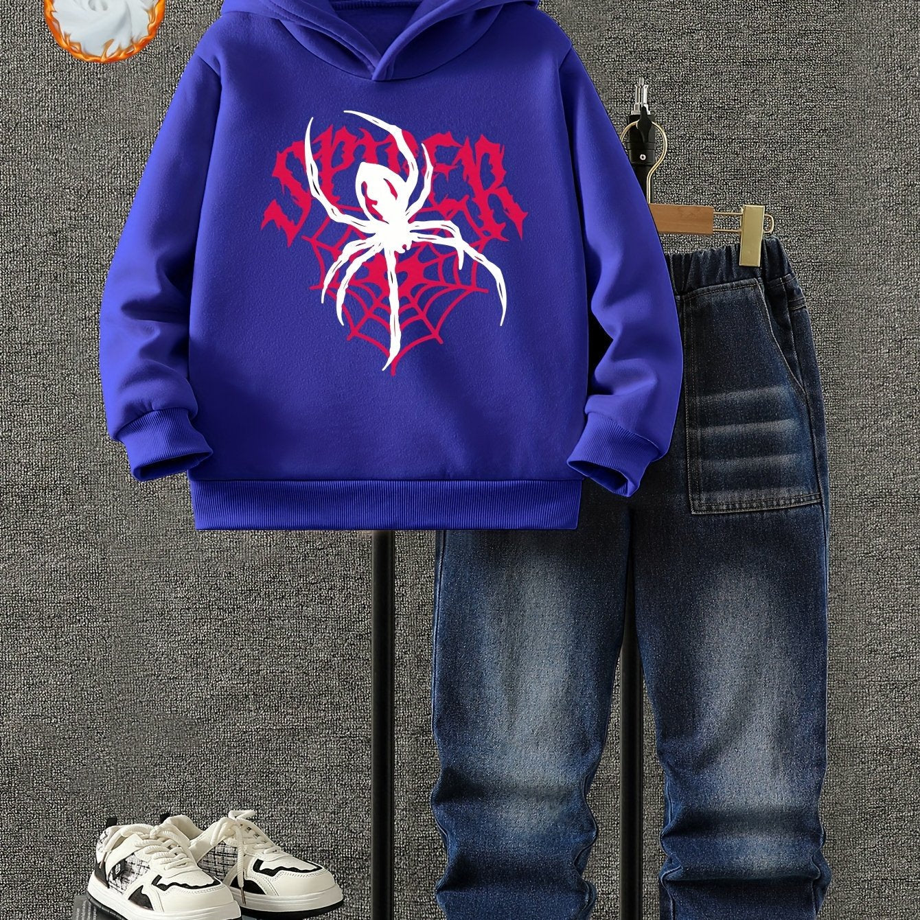 Boys' Autumn and Winter Fleece Set, Hoodie + Jeans Combo with Spider Print and "SPIDER" Design, Thickened Fleece, Suitable for Autumn and Winter Seasons, Trendy Street Style, Comfortable Warm and Cool, Perfect for Daily Wear, MAEJORKEN