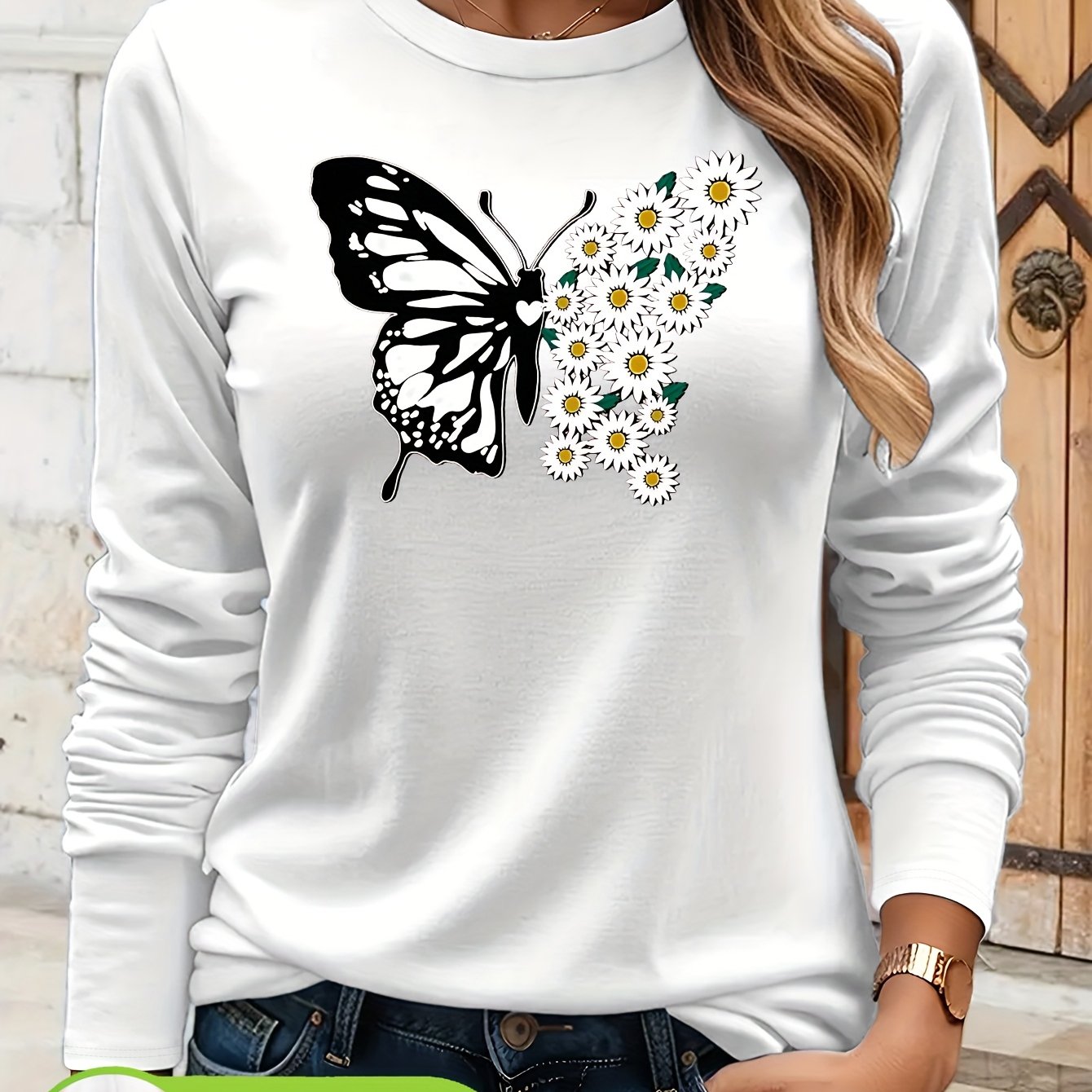 Pull à manches longues femme 100% coton imprimé papillon du S au 2XL