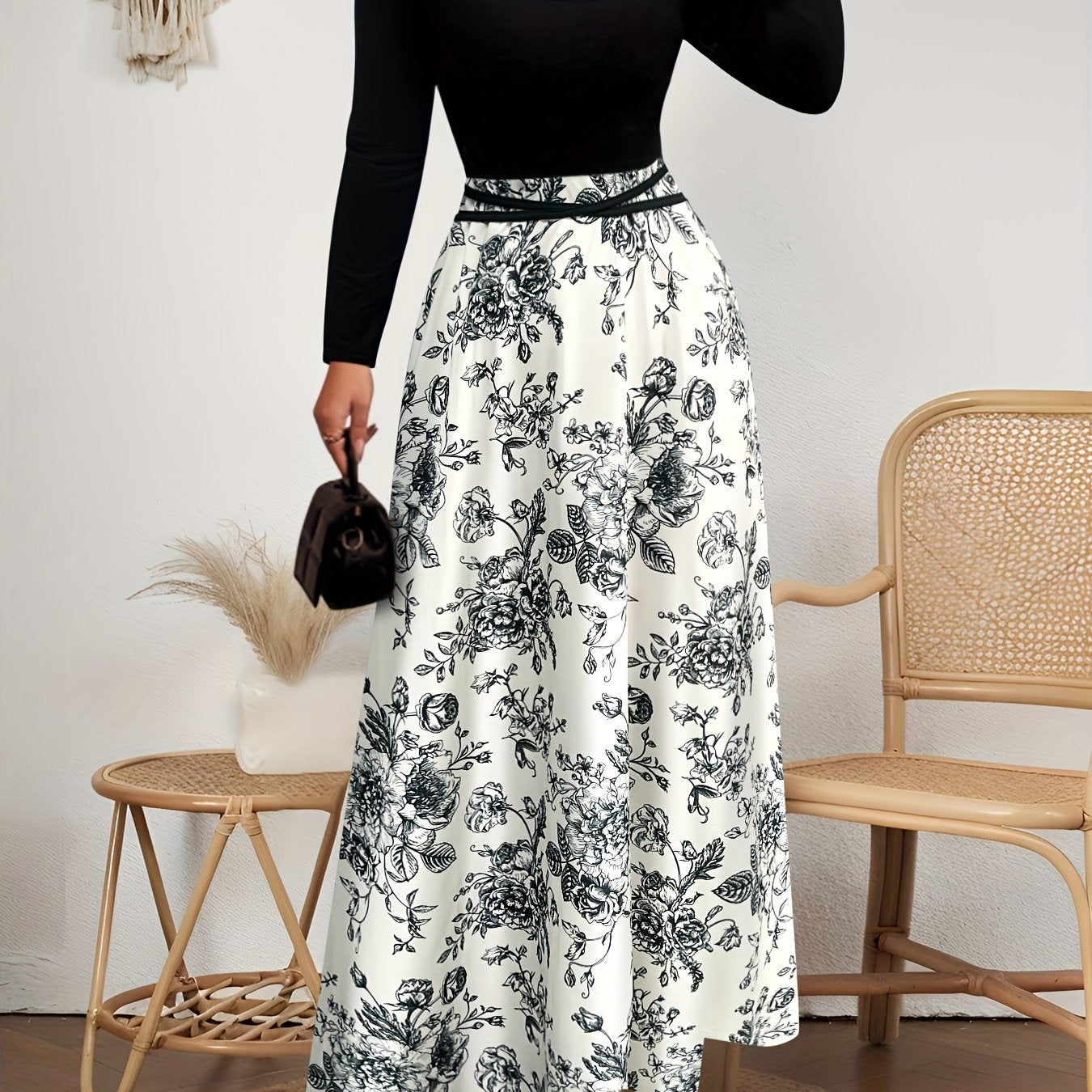 Plus Size - Women'S Plus Size Floral Print Long Sleeve Dress with Square Neck, Side Zipper, and Tie Back - Elegant Casual Vacation Dress for All Seasons, Casual Attire|Floral Print Dress|Square Neckline, Plus Size Dress MAEJORKEN