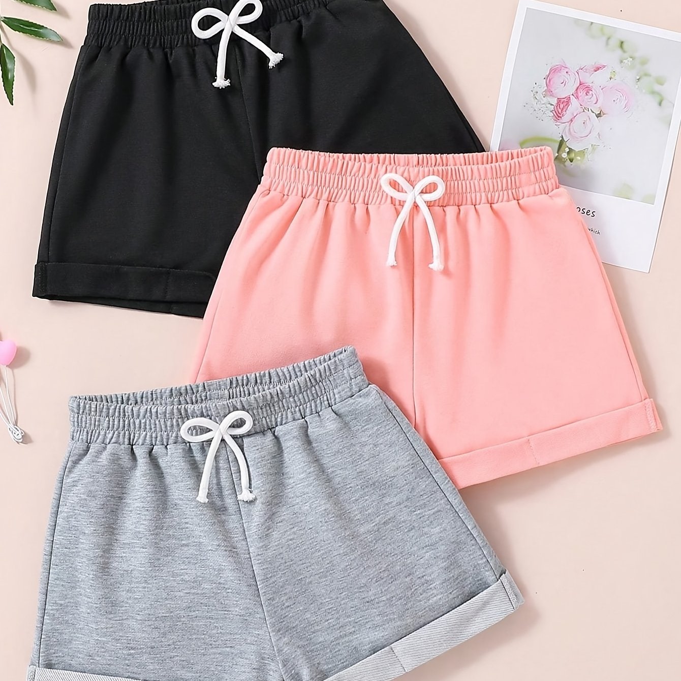 Lot de 3 shorts taille haute pour filles avec cordon de serrage réglable du 7 au 14 ans