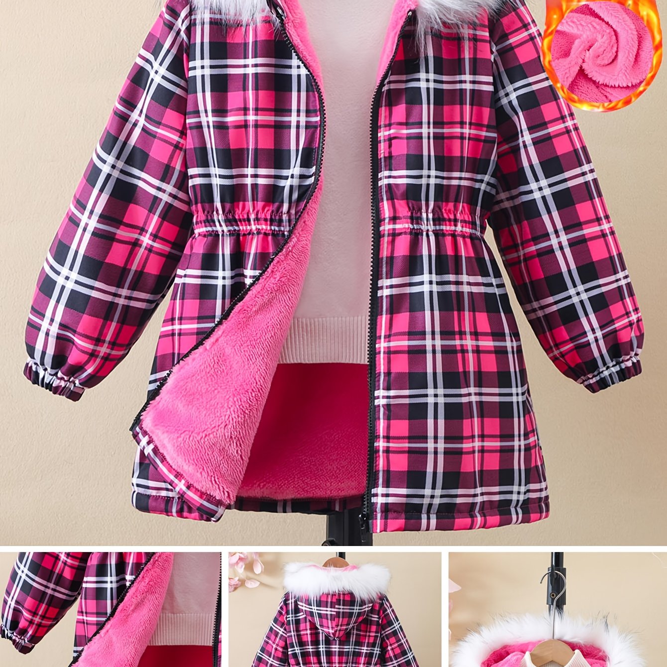 Girls' 120-160cm Winter Warm Fleece-Lined Zip-Up Hooded Mid-Length Jacket with Print for Casual Campus Style MAEJORKEN