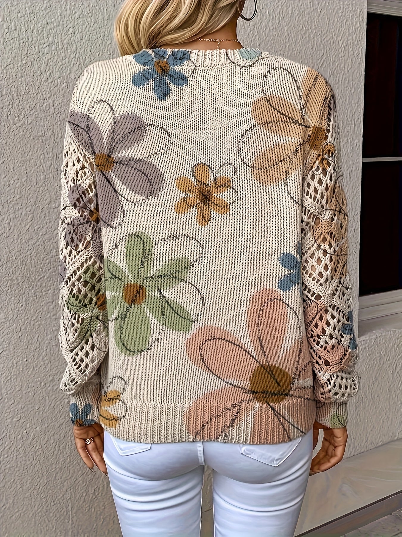 Elegant Bohemian Floral Print V-Neck Long Sleeve Top for Women - Versatile All-Season Pullover with Blue & Green Floral Design, Perfect for Office, Streetwear, Home, and Travel, Allseason Pullover | Bohemian Style | Digital P MAEJORKEN