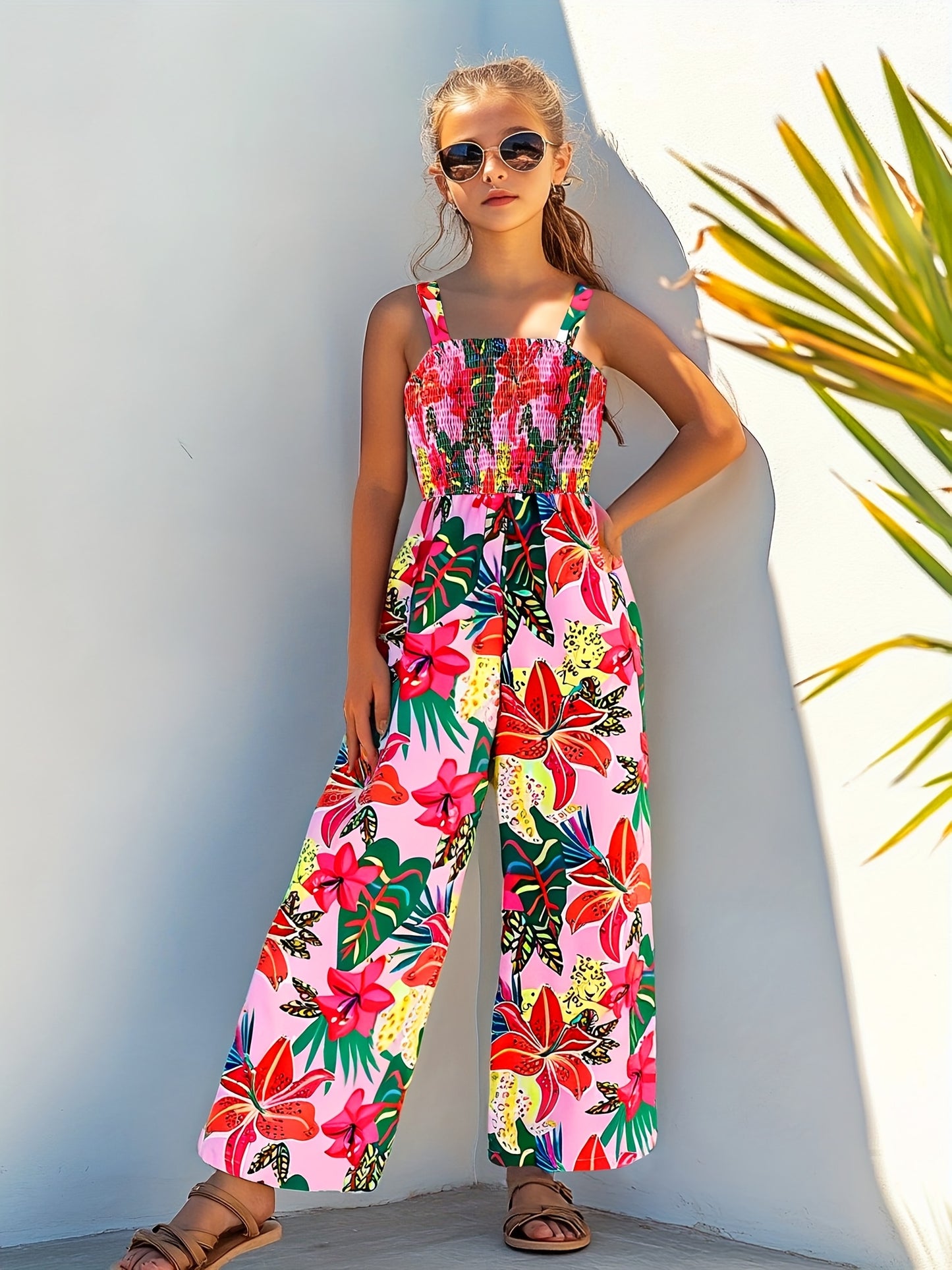 Combinaison élégante à imprimé floral avec taille froncée et design jambes larges du 7 au 16 ans