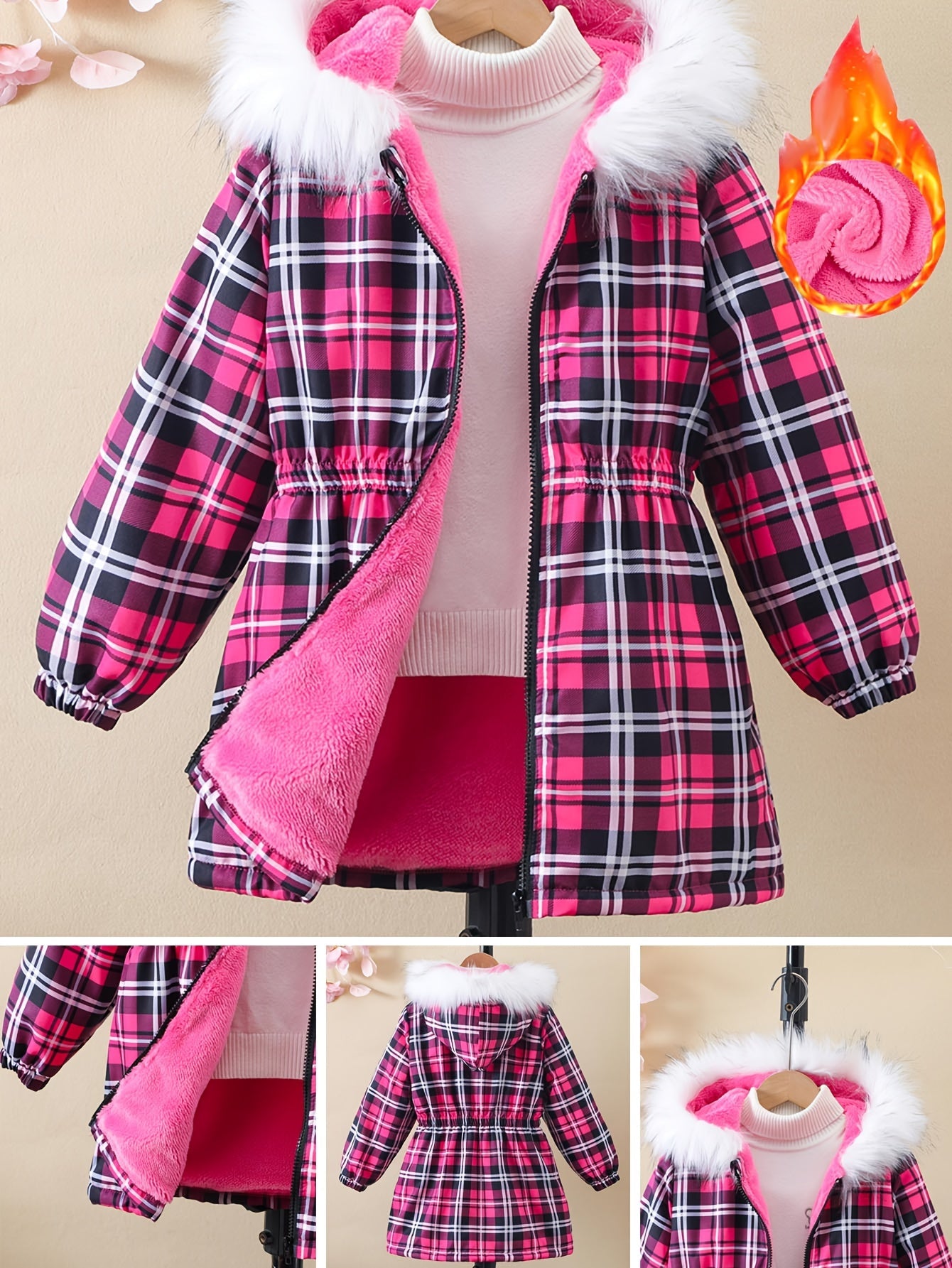 Girls' 120-160cm Winter Warm Fleece-Lined Zip-Up Hooded Mid-Length Jacket with Print for Casual Campus Style MAEJORKEN