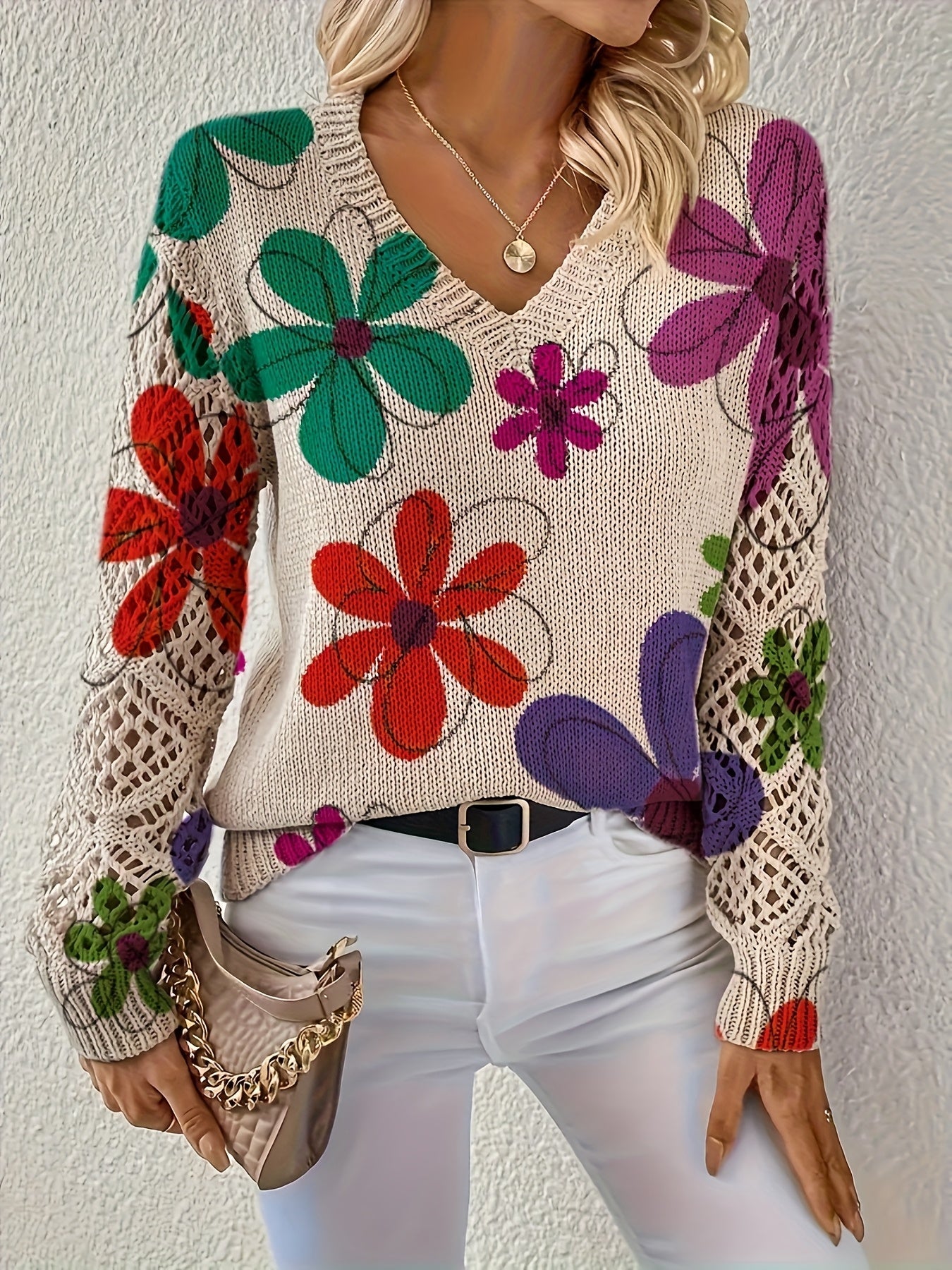 Elegant Bohemian Floral Print V-Neck Long Sleeve Top for Women - Versatile All-Season Pullover with Blue & Green Floral Design, Perfect for Office, Streetwear, Home, and Travel, Allseason Pullover | Bohemian Style | Digital P MAEJORKEN