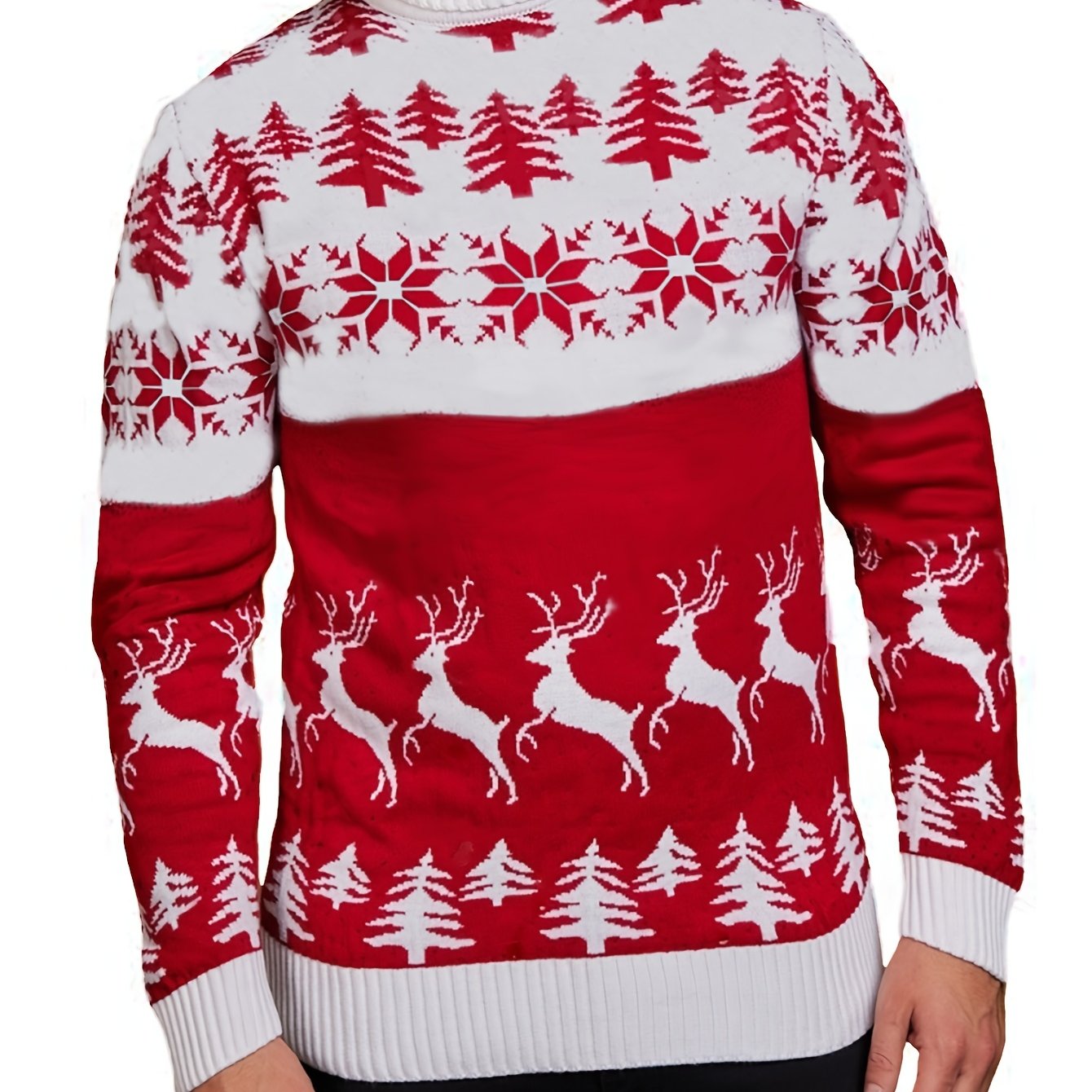 Men's Red & White Christmas Sweater with Reindeer & Snowflake Patterns - Collar Winter Knit Sweater Coat for Holiday Parties, Casual Outfits, Christmas Sweater For Men, Christmas Sweaters For Men, Christmas Jumper For Men, Ch MAEJORKEN