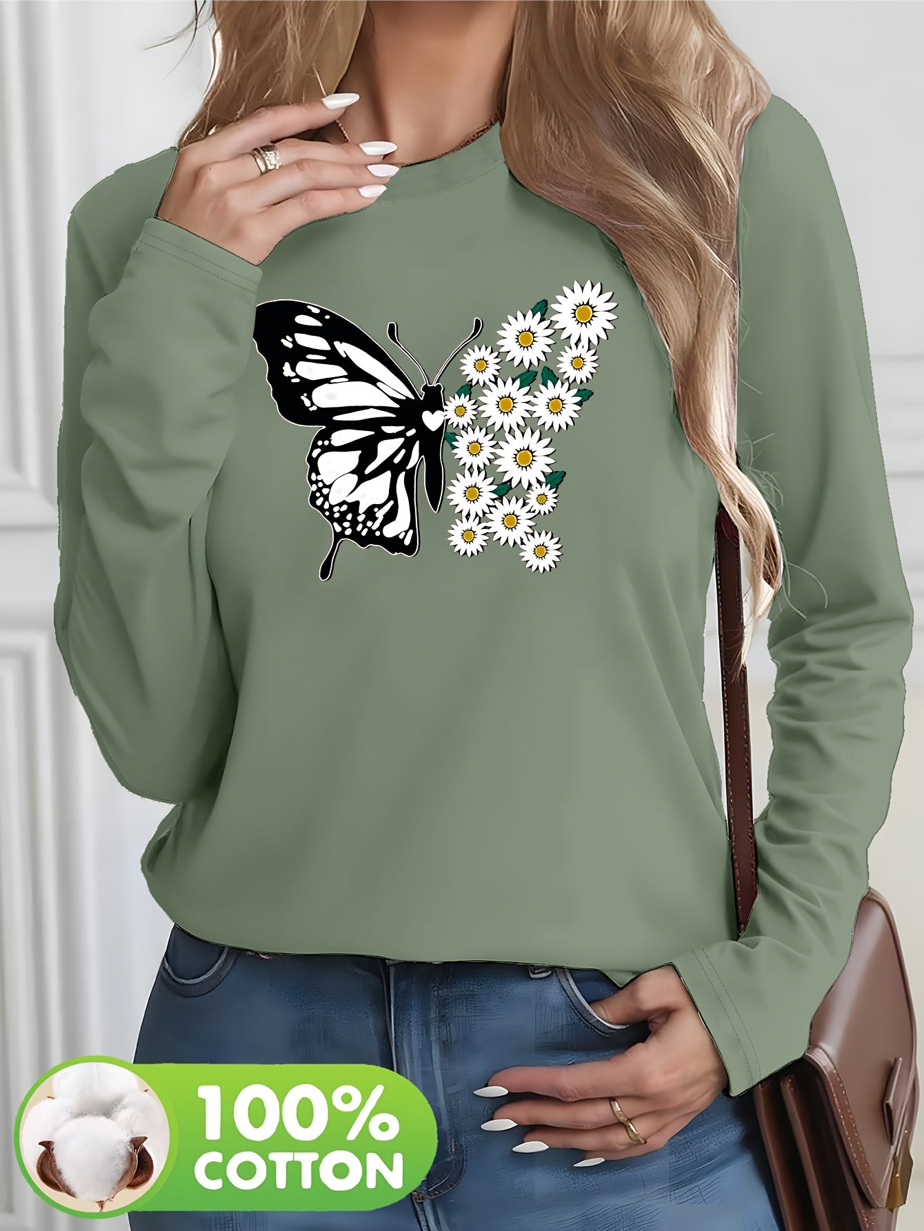 Pull à manches longues femme 100% coton imprimé papillon du S au 2XL