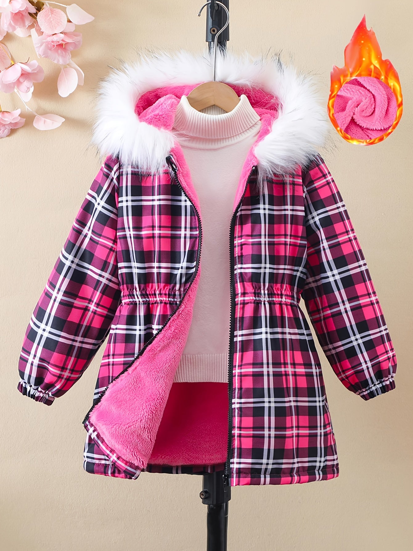 Girls' 120-160cm Winter Warm Fleece-Lined Zip-Up Hooded Mid-Length Jacket with Print for Casual Campus Style MAEJORKEN