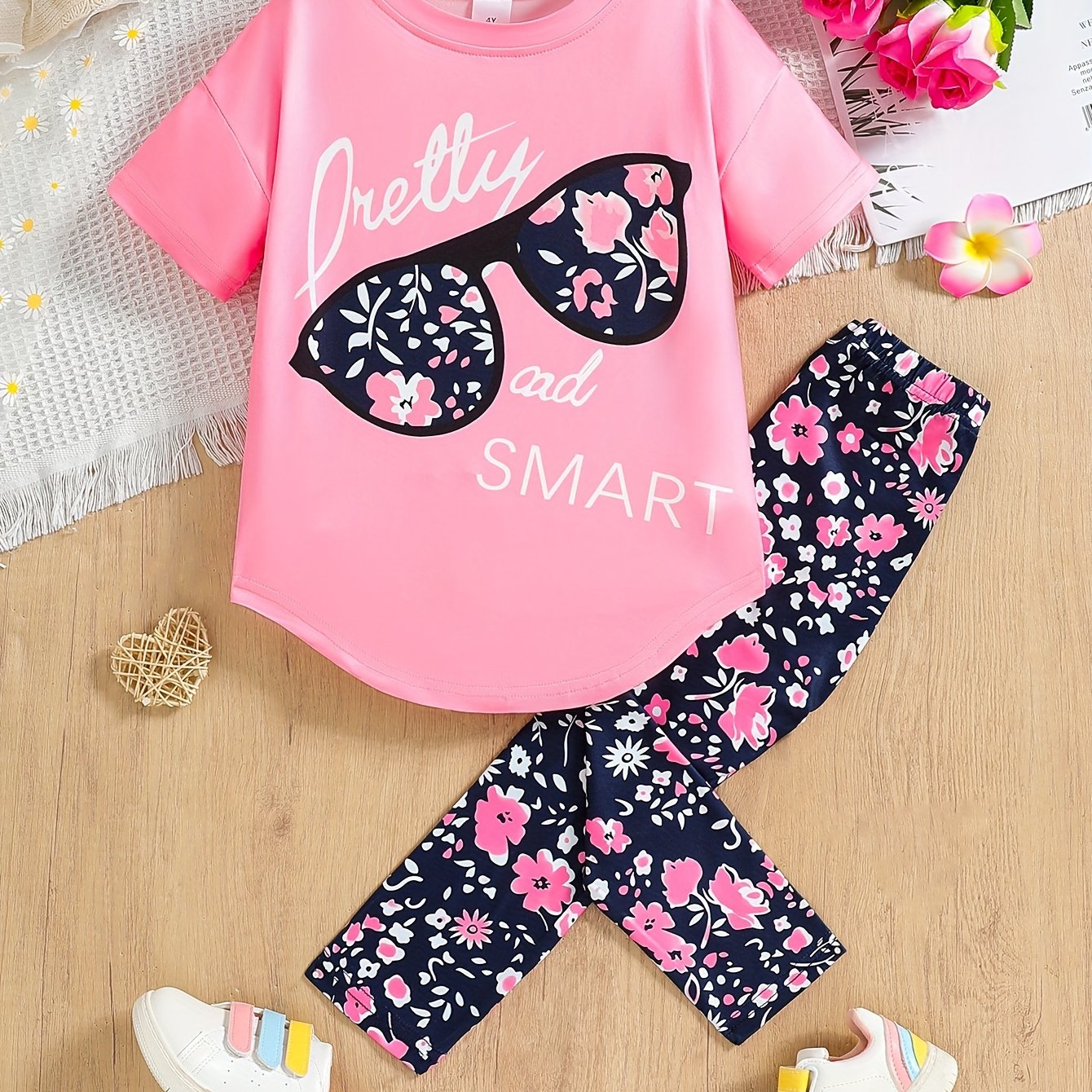 Ensemble de 2 pièces pour filles avec impression de grandes lunettes et motif de citation, t-shirt loose à épaules dénudées avec design asymétrique + leggins courts à imprimé floral du 4 au 8 ans