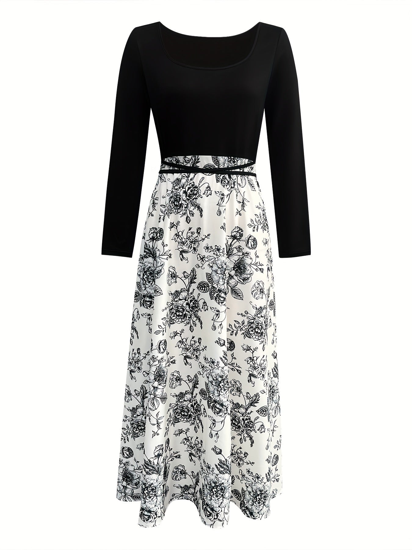 Plus Size - Women'S Plus Size Floral Print Long Sleeve Dress with Square Neck, Side Zipper, and Tie Back - Elegant Casual Vacation Dress for All Seasons, Casual Attire|Floral Print Dress|Square Neckline, Plus Size Dress MAEJORKEN