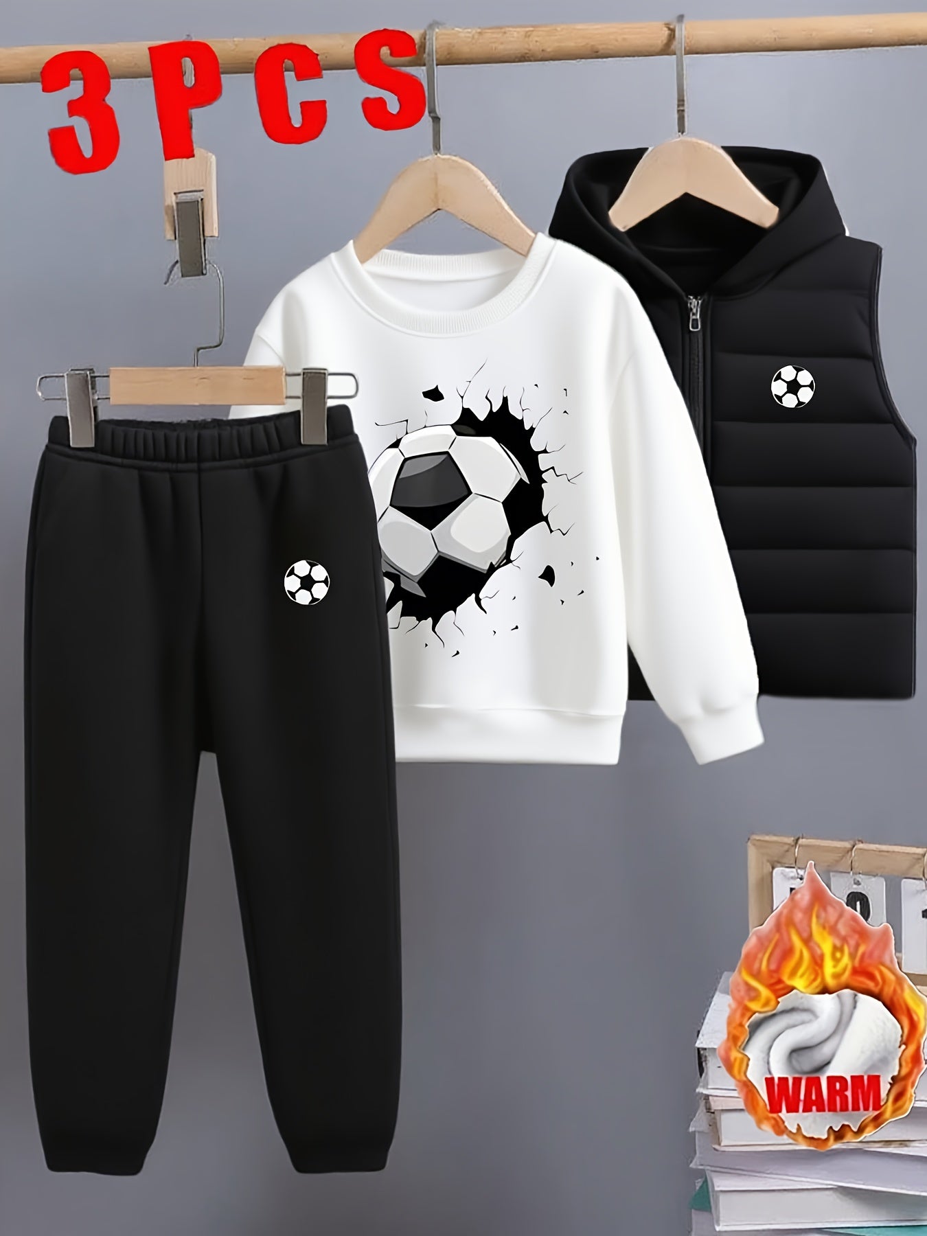 Boys' Autumn and Winter Black and Cartoon Football Set - 8-12Y Warm 3pcs Outfit (Fleece Vest + Sweatshirt + Pants), for Outdoor MAEJORKEN