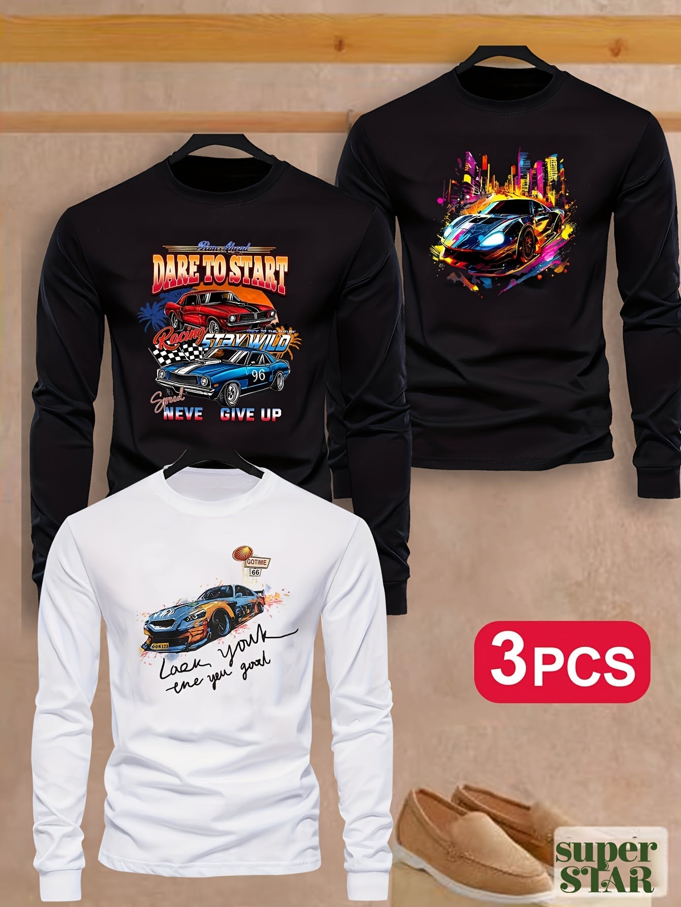 3pcs Boys' Casual Long Sleeve T-Shirts - Vibrant Sports Car Print, "Dare to Start" & "Never Give Up" Inspirational Messages, High-Elasticity Fabric, Crew Neck, Fall Fashion, Motocross Jersey, For Teenager MAEJORKEN