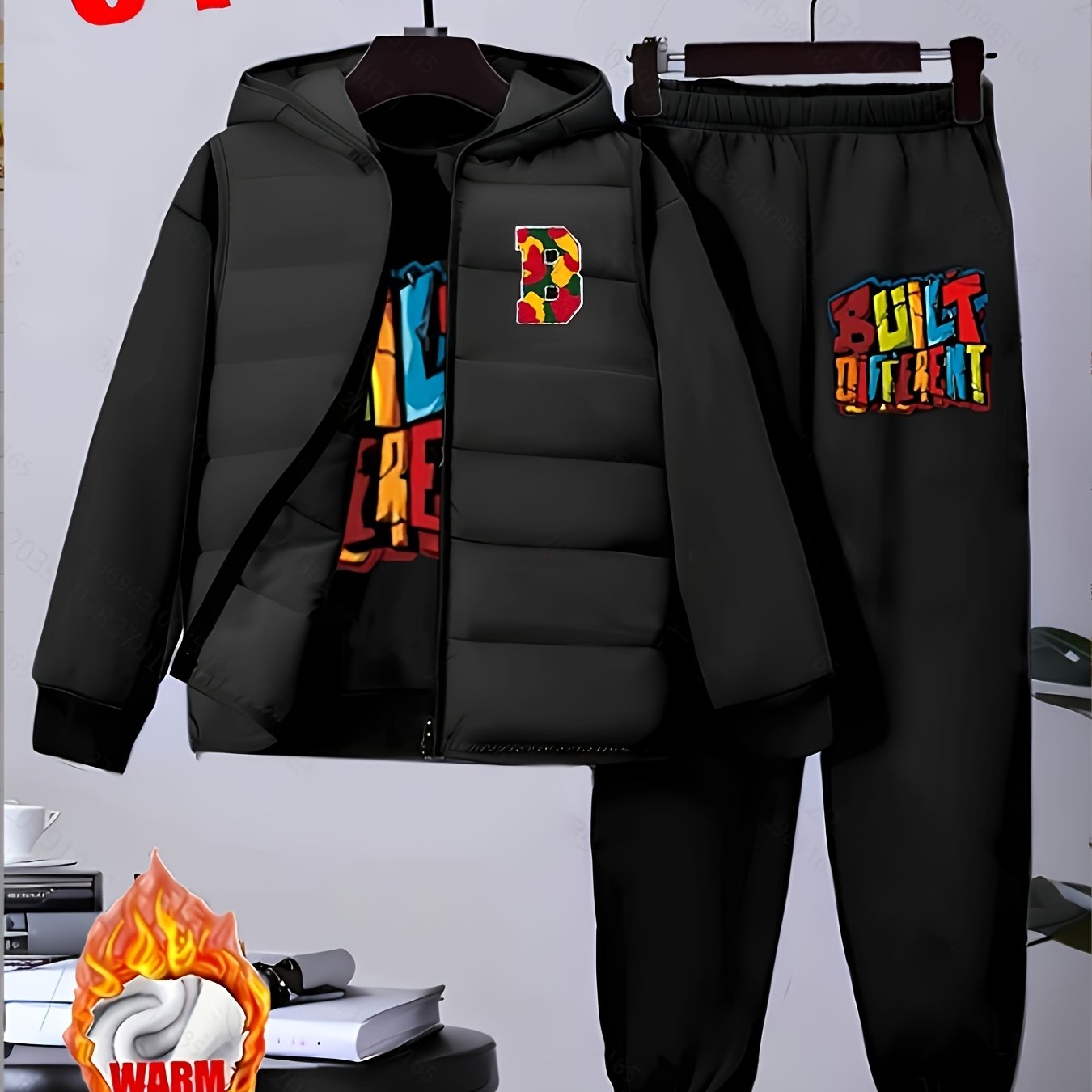 Boys' Autumn and Winter Black and Cartoon Football Set - 8-12Y Warm 3pcs Outfit (Fleece Vest + Sweatshirt + Pants), for Outdoor MAEJORKEN
