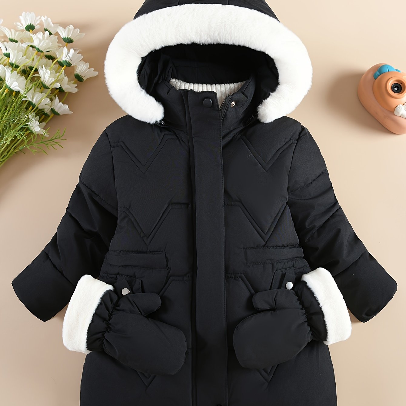 Girl'S Comfy Solid Color Long Sleeves Warm Hooded with Pockets & Gloves, Trendy Versatile Zip-Up Coat for Outdoors, Fall And Winter Best Choice MAEJORKEN
