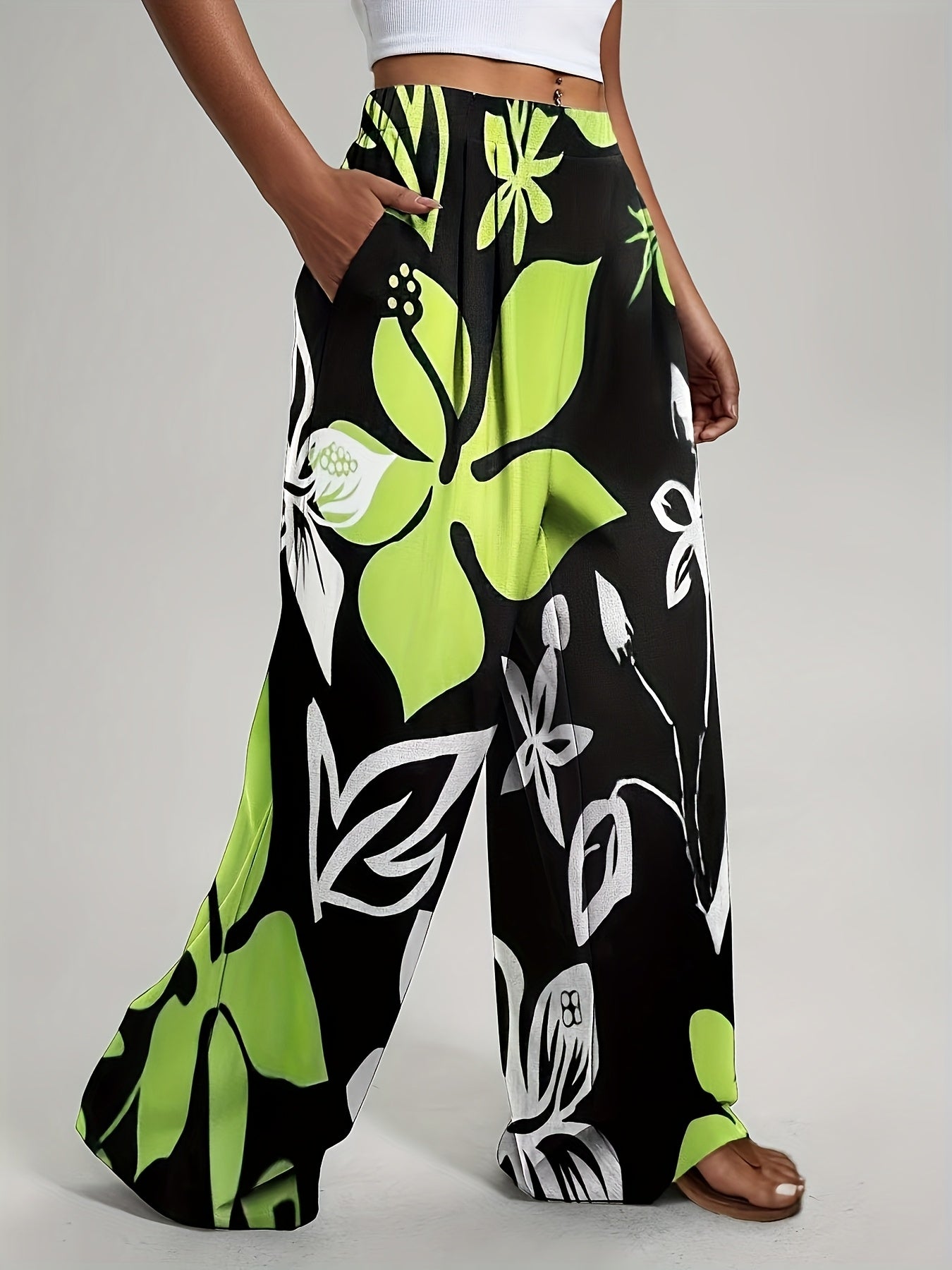 Pantalon large taille haute à imprimé tropical bohème du S au 2XL