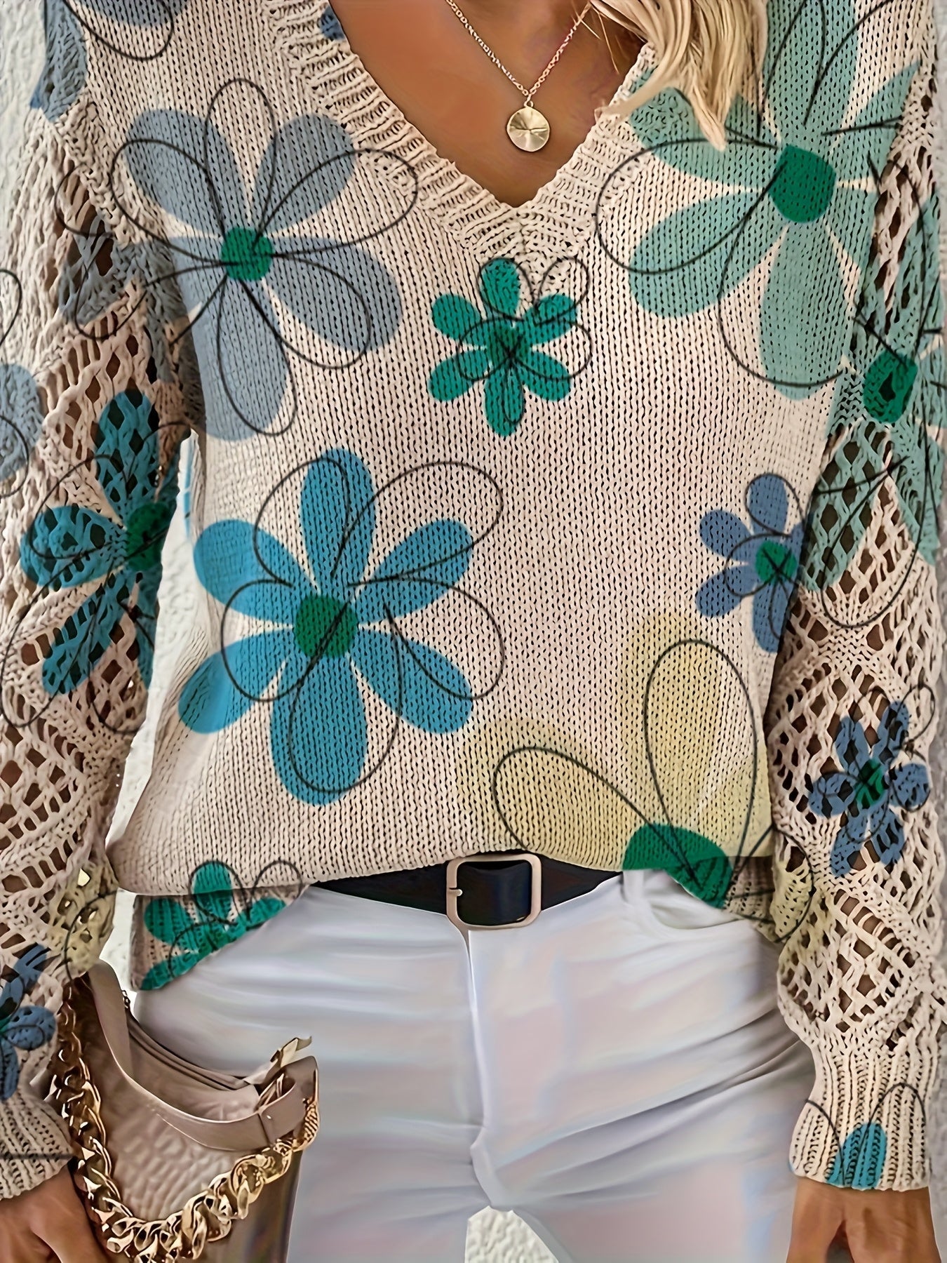 Elegant Bohemian Floral Print V-Neck Long Sleeve Top for Women - Versatile All-Season Pullover with Blue & Green Floral Design, Perfect for Office, Streetwear, Home, and Travel, Allseason Pullover | Bohemian Style | Digital P MAEJORKEN