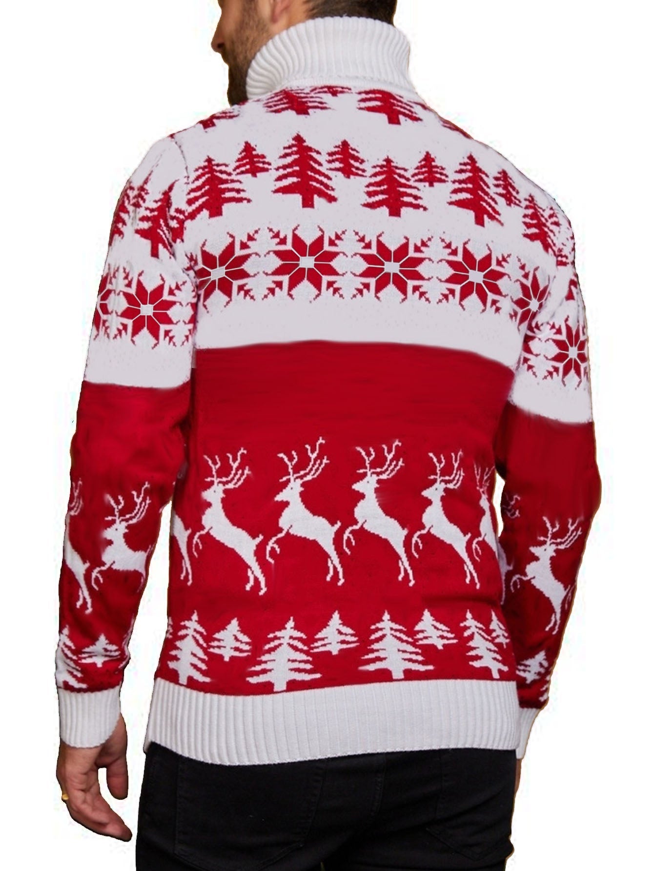 Men's Red & White Christmas Sweater with Reindeer & Snowflake Patterns - Collar Winter Knit Sweater Coat for Holiday Parties, Casual Outfits, Christmas Sweater For Men, Christmas Sweaters For Men, Christmas Jumper For Men, Ch MAEJORKEN
